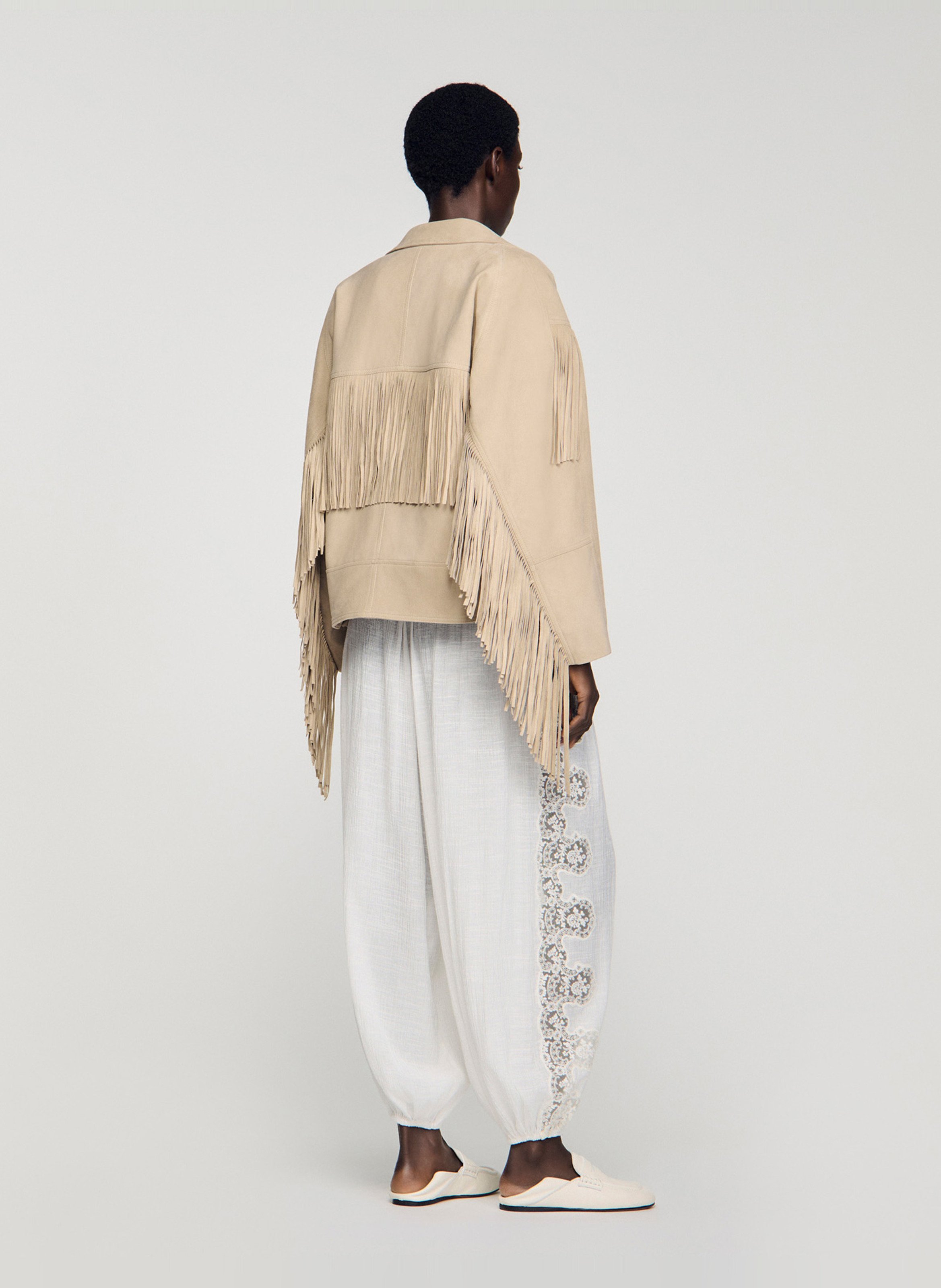 Blouson oversize à franges en suède SANDRO Beige