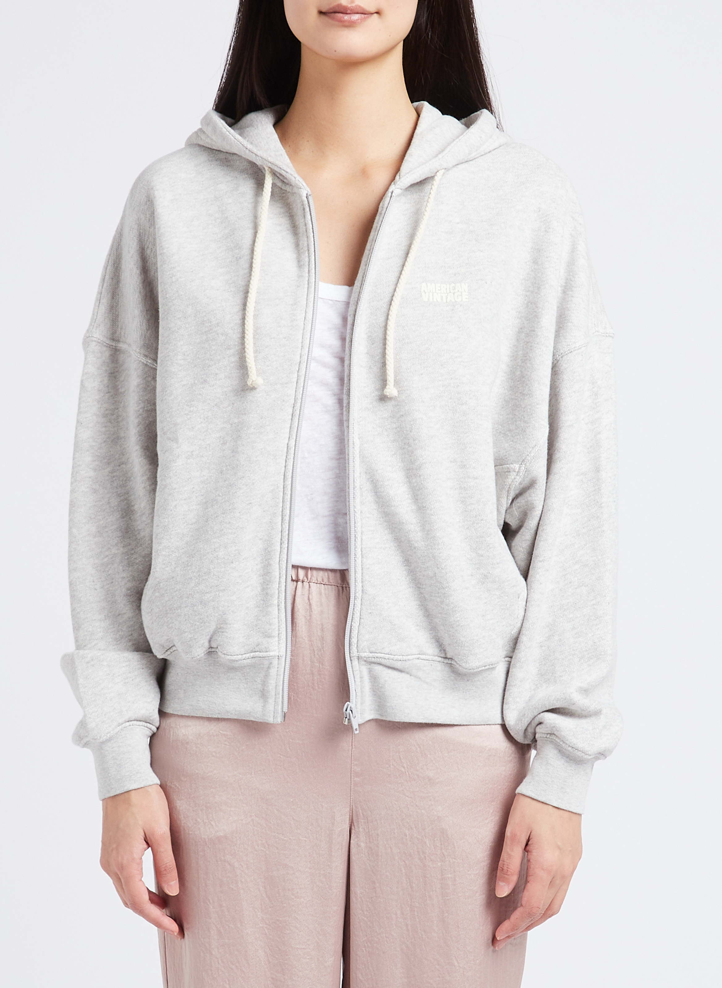 Sweat à capuche zippé et sérigraphié en coton bio kodytown AMERICAN VINTAGE Gris