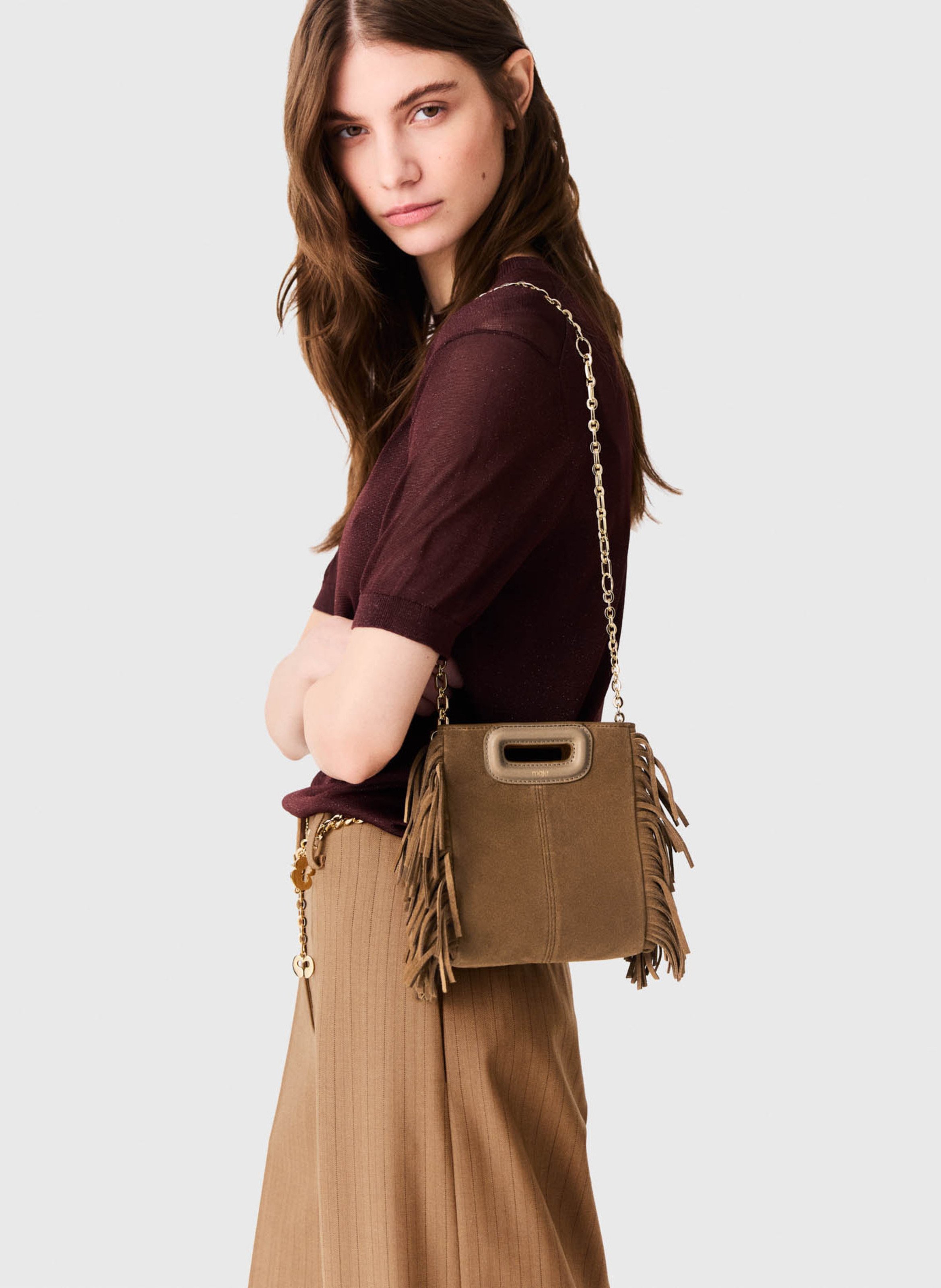 Sac bandoulière à franges en cuir velours m mini MAJE Beige