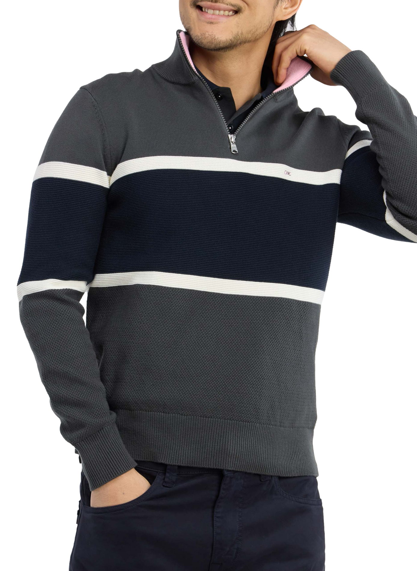 Pull col camionneur rayé en coton EDEN PARK Khaki