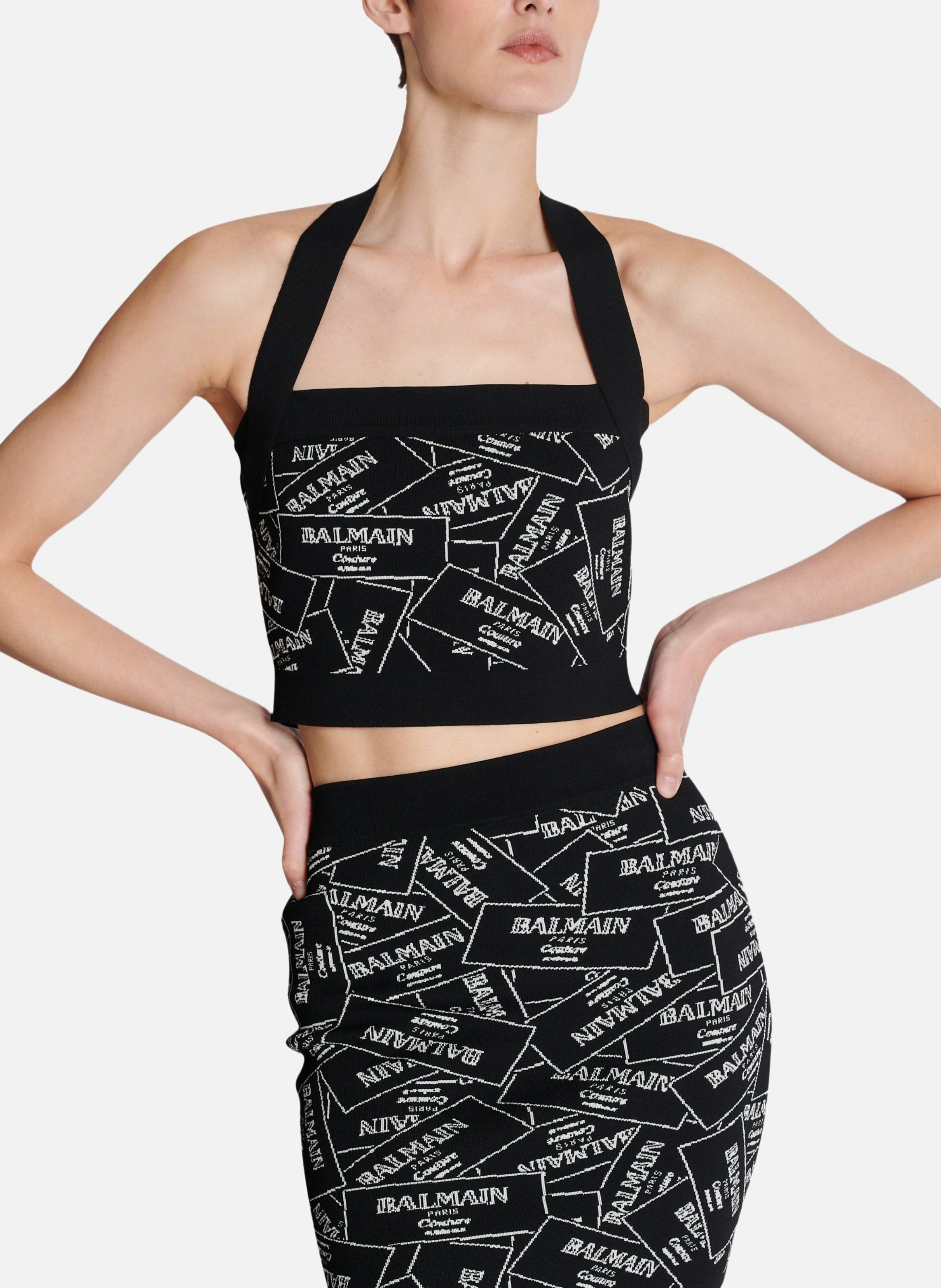 Top dos-nu en maille à motif étiquette balmain BALMAIN Noir