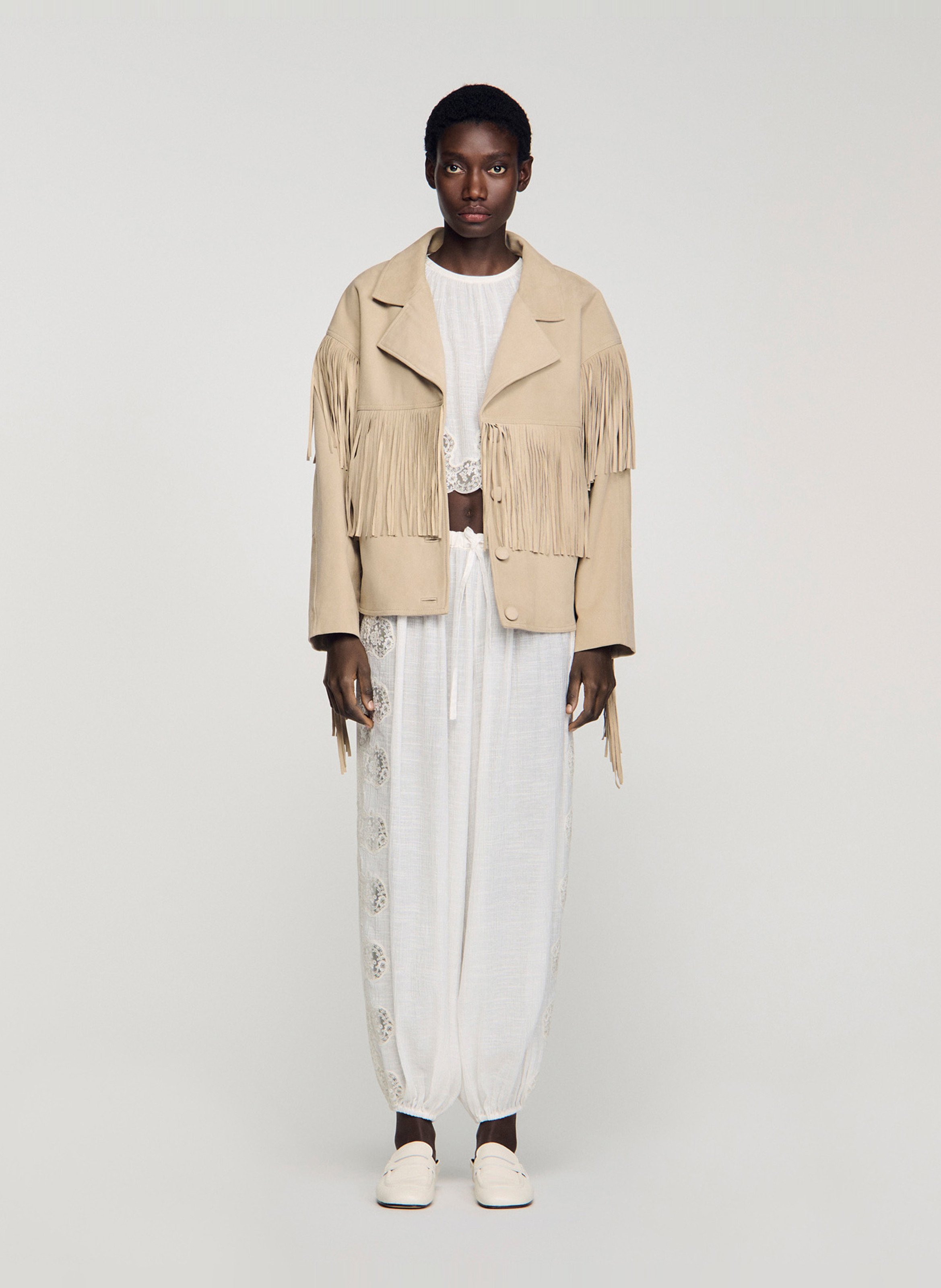 Blouson oversize à franges en suède SANDRO Beige