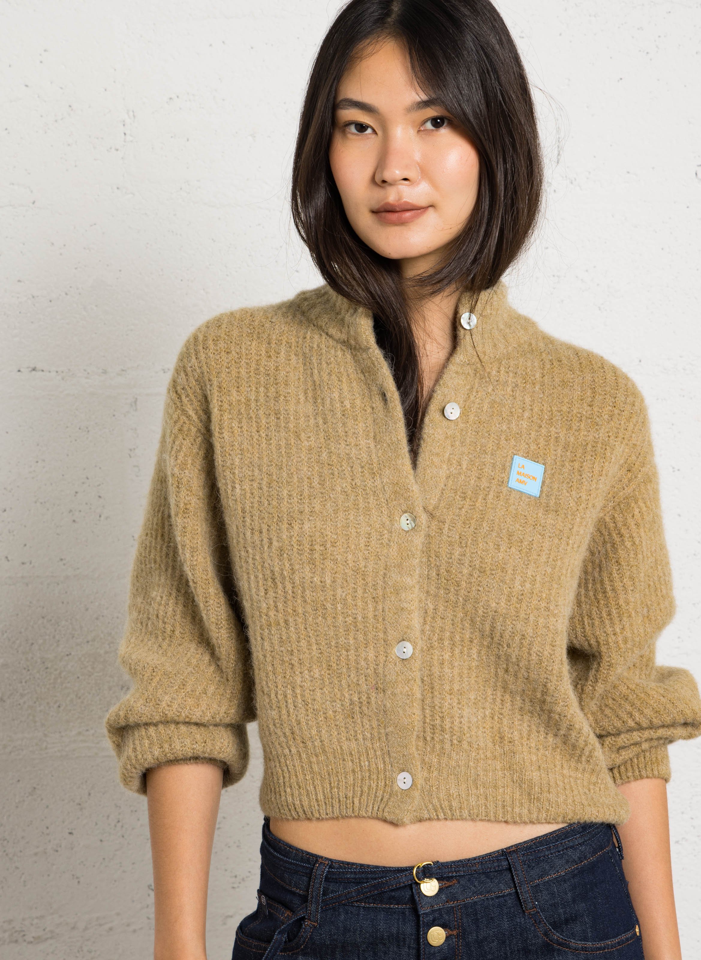 Gilet oversize col montant en maille east AMERICAN VINTAGE Beige