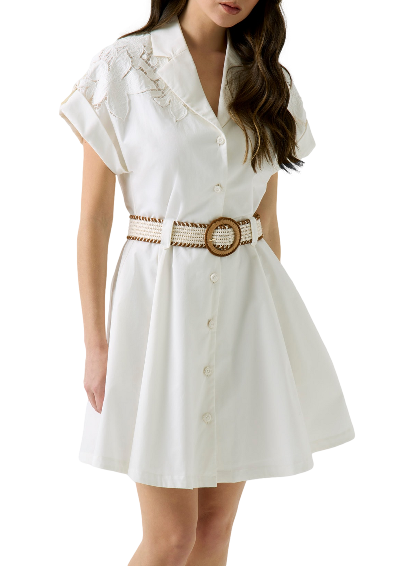 Shirt dress with floral lace and cotton belt GUESS Beige