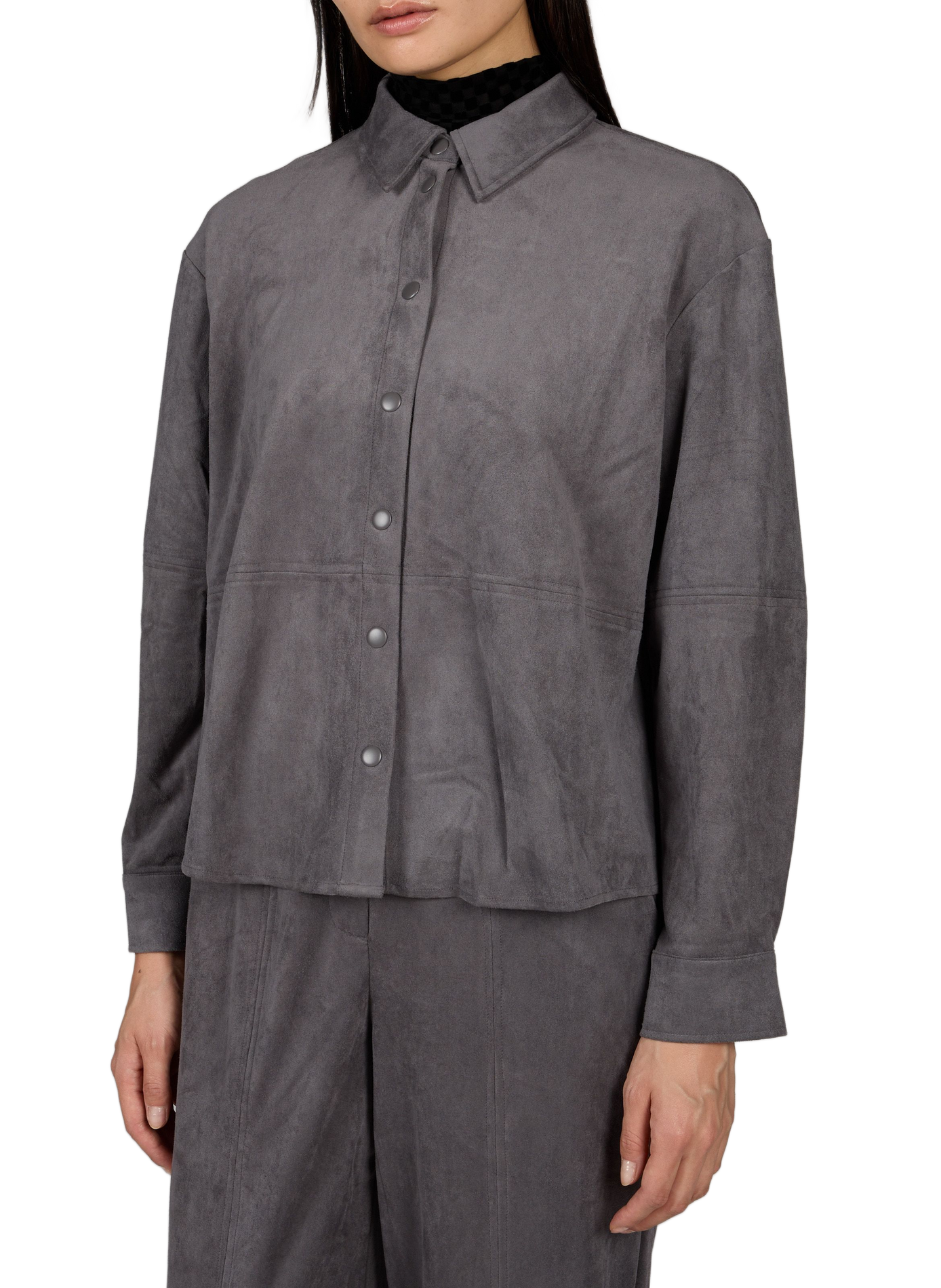 Loose-Fitting Button-Up Top in Suede-Effect Fabric OBJECT Grey