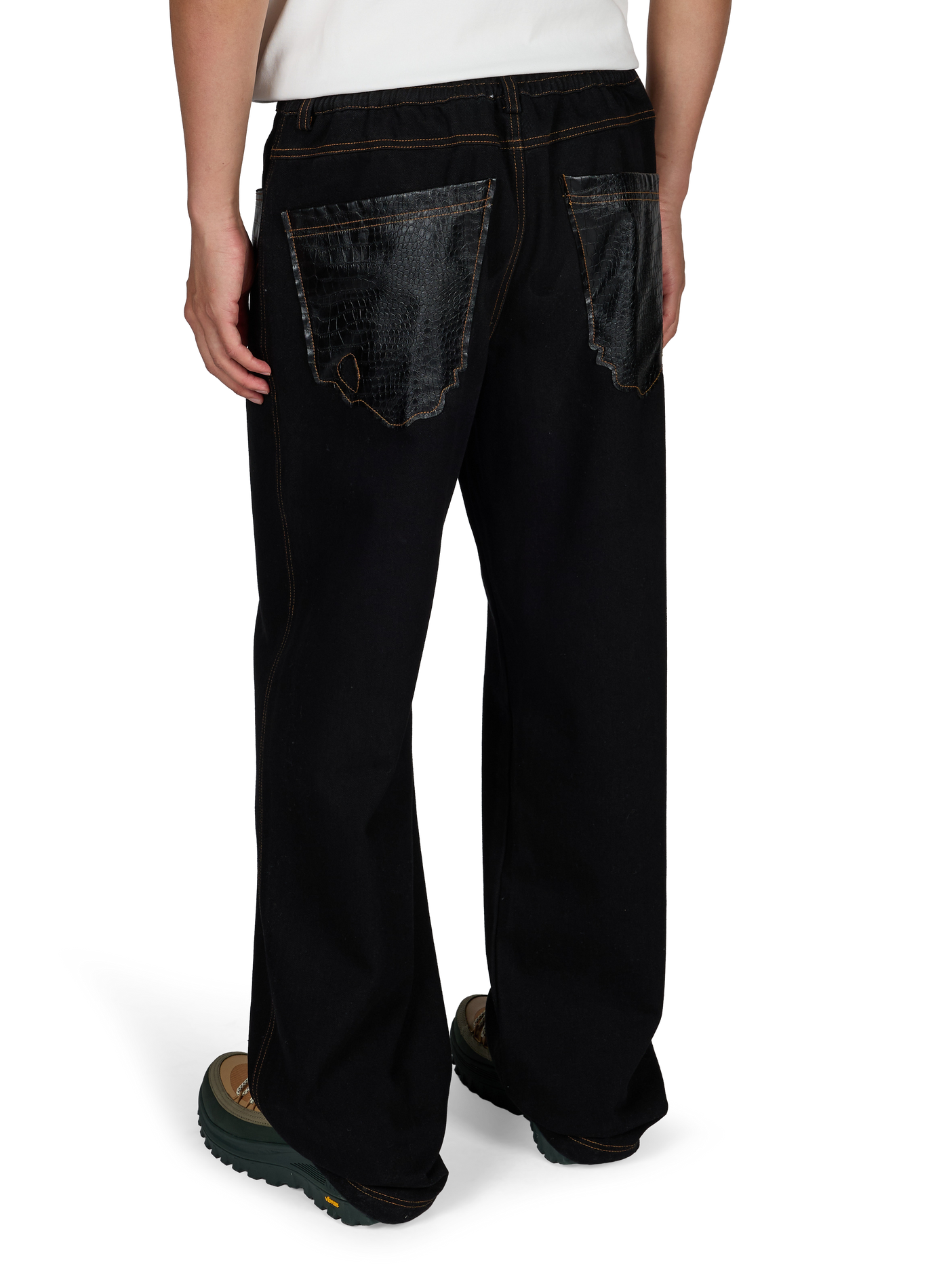Jeans mit geradem Bein und Lederbesatz aus Baumwolle PAS UNE MARQUE Schwarz