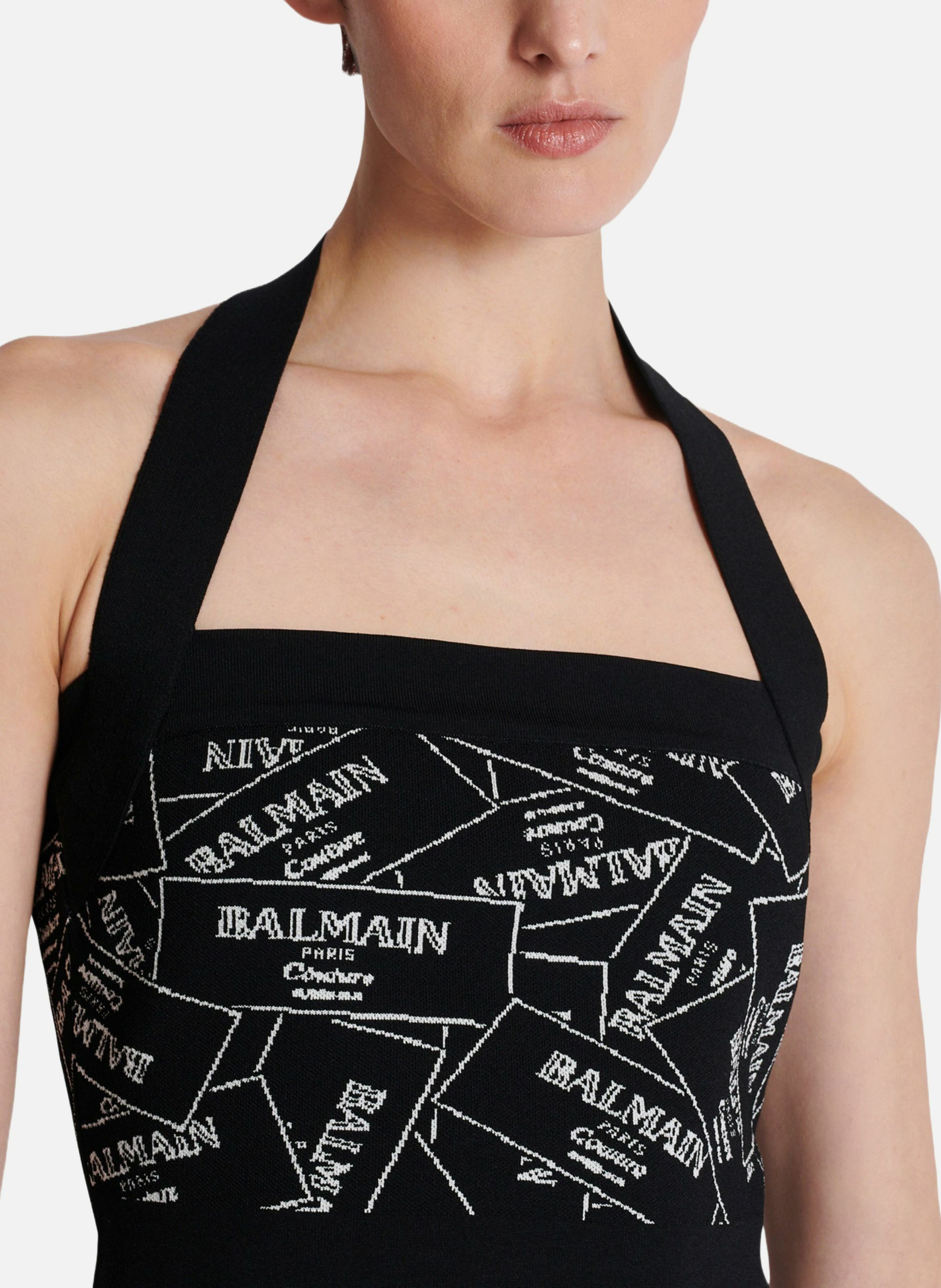 Top dos-nu en maille à motif étiquette balmain BALMAIN Noir