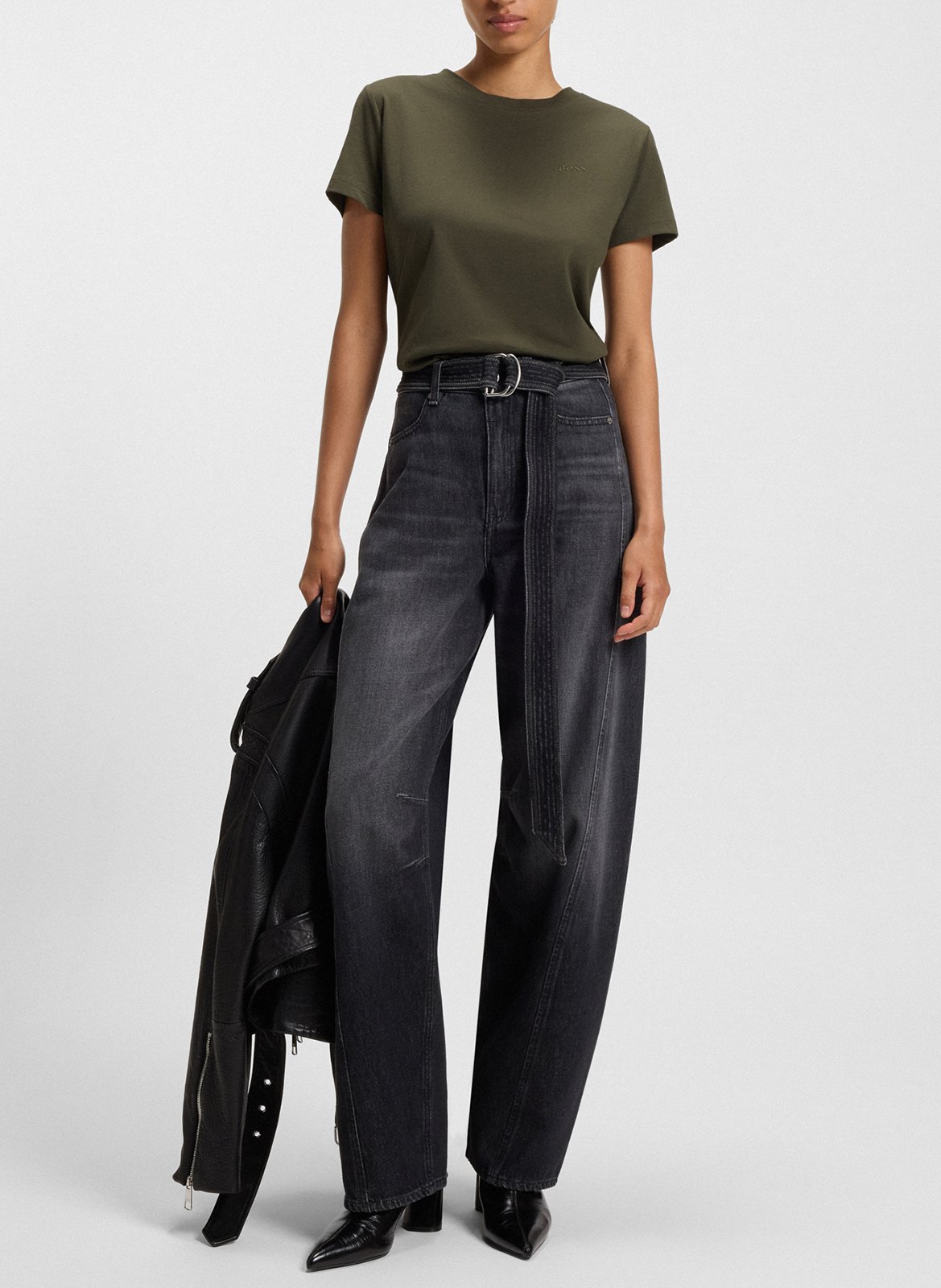 Tee-shirt droit col rond brodé en laine vierge Vert