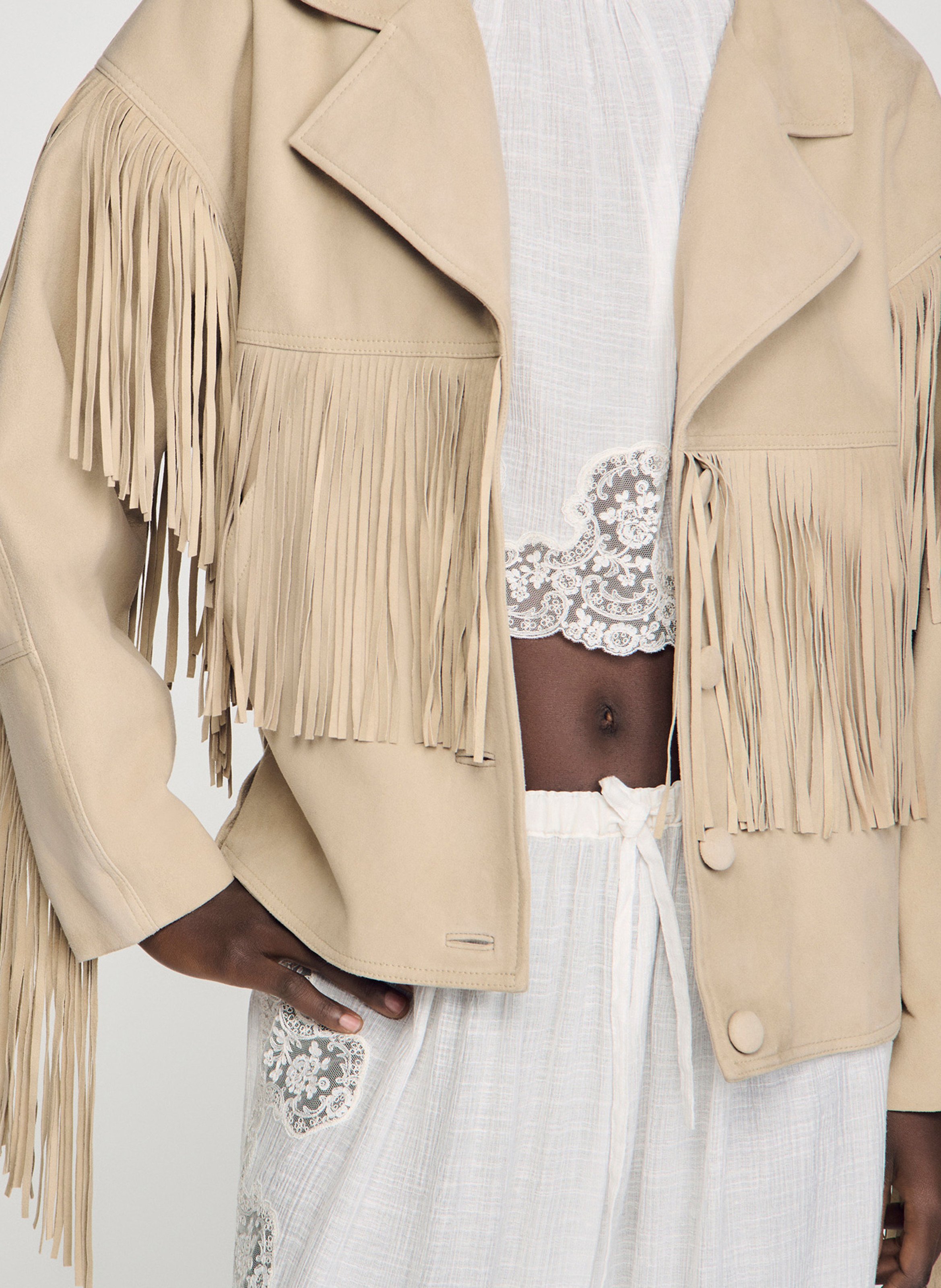Blouson oversize à franges en suède SANDRO Beige
