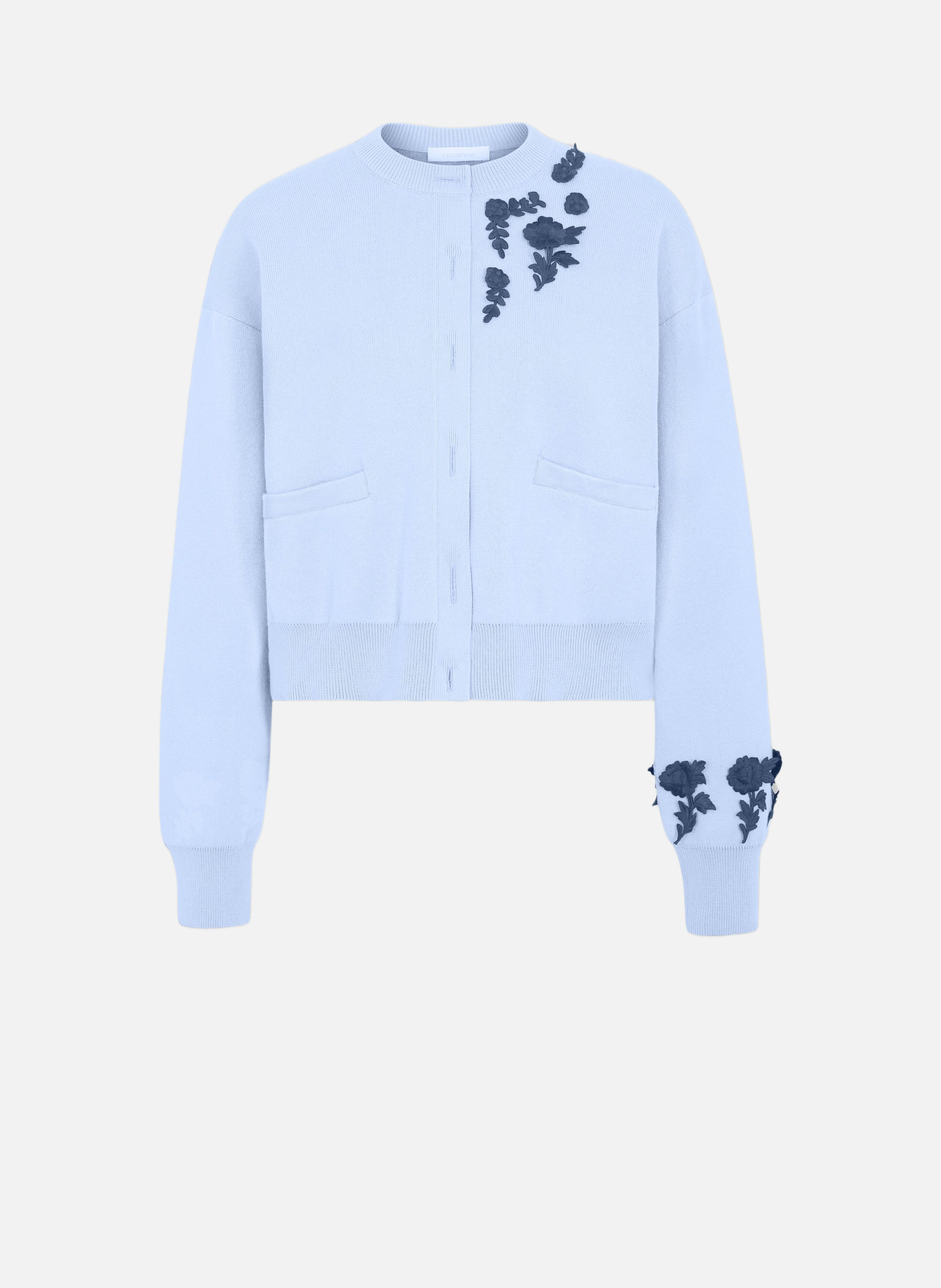 Cardigan à manches longues en laine tricotée avec broderie florale RABANNE Bleu