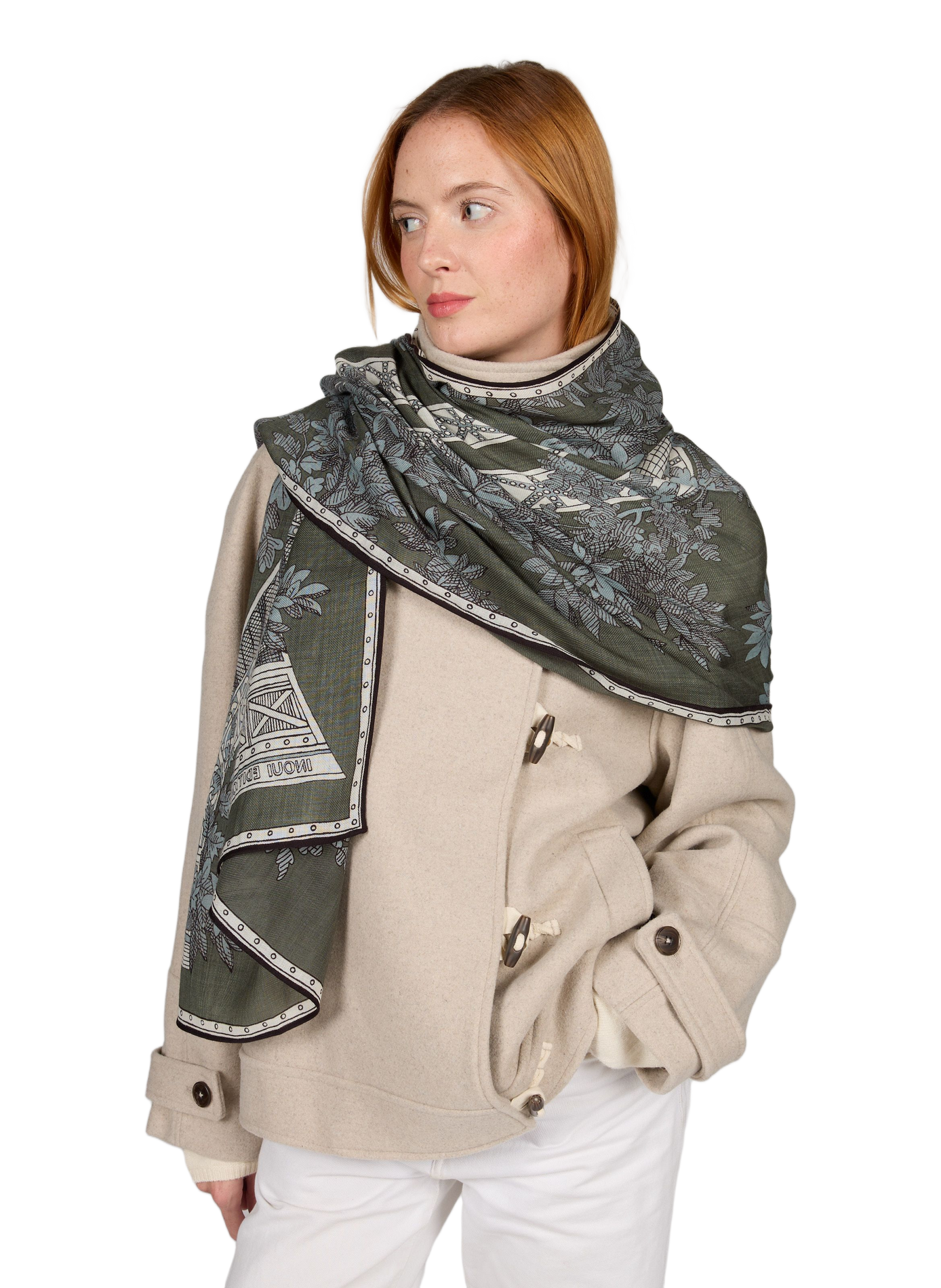 Schal 1889 aus bedruckter Wolle. INOUI EDITIONS Khaki