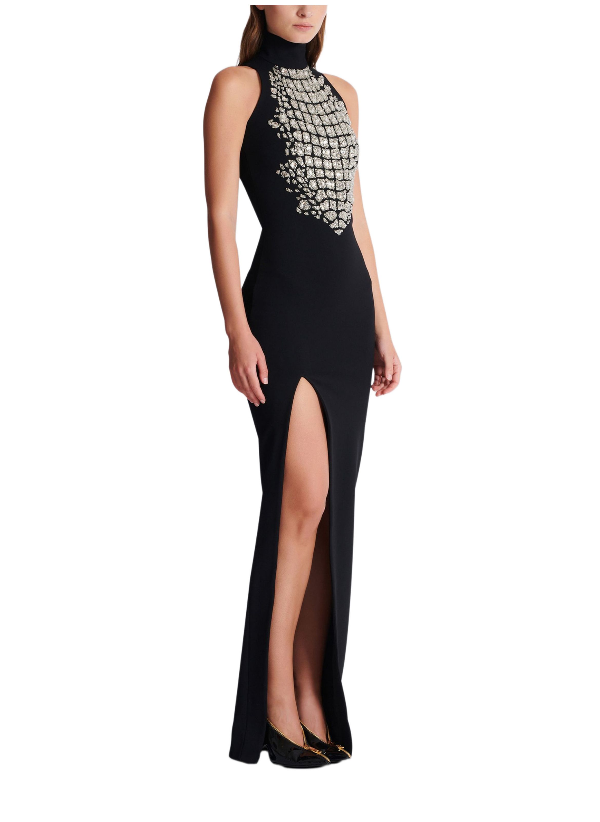 Robe longue fendue avec broderie BALMAIN Noir