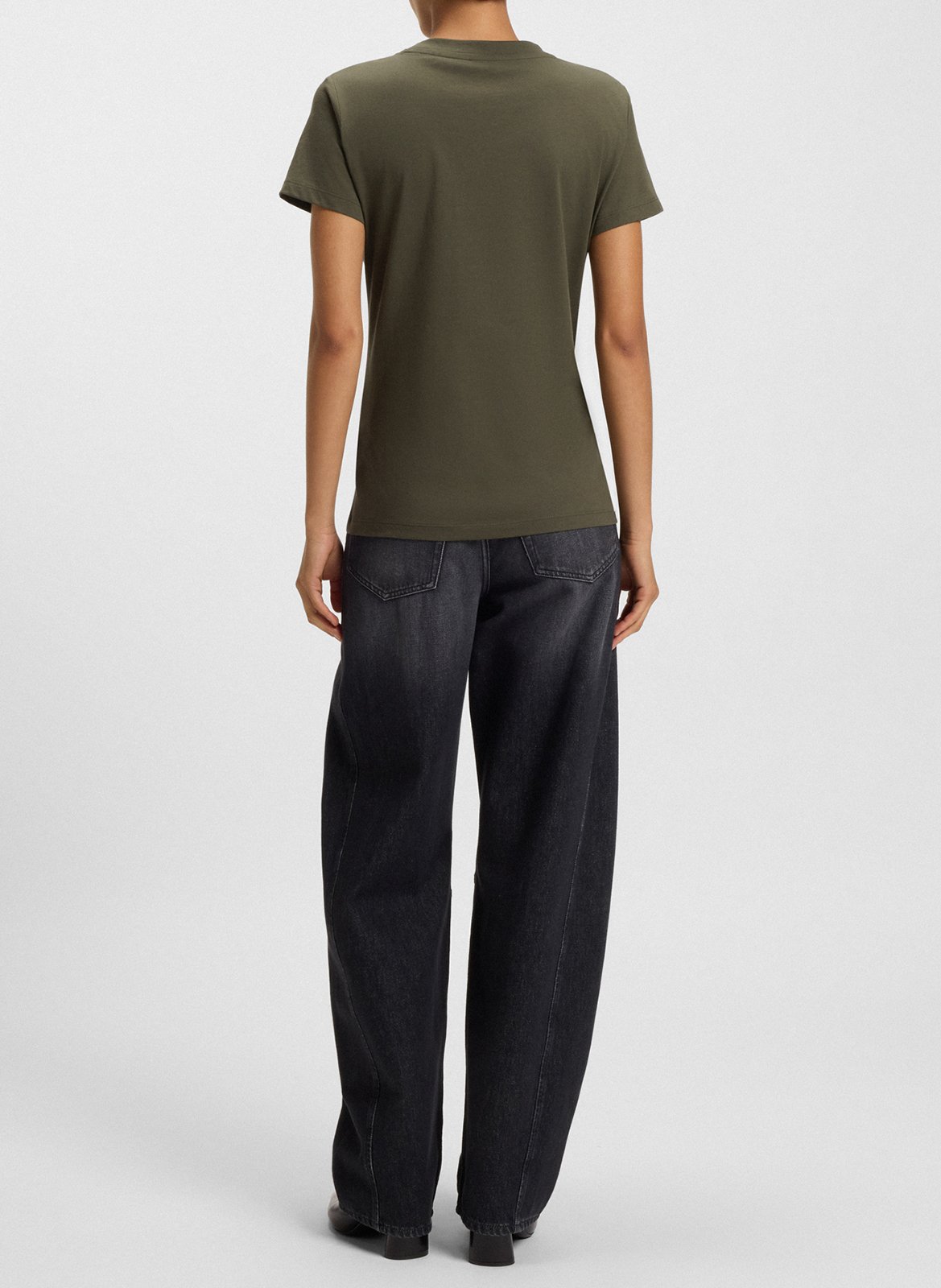 Tee-shirt droit col rond brodé en laine vierge Vert