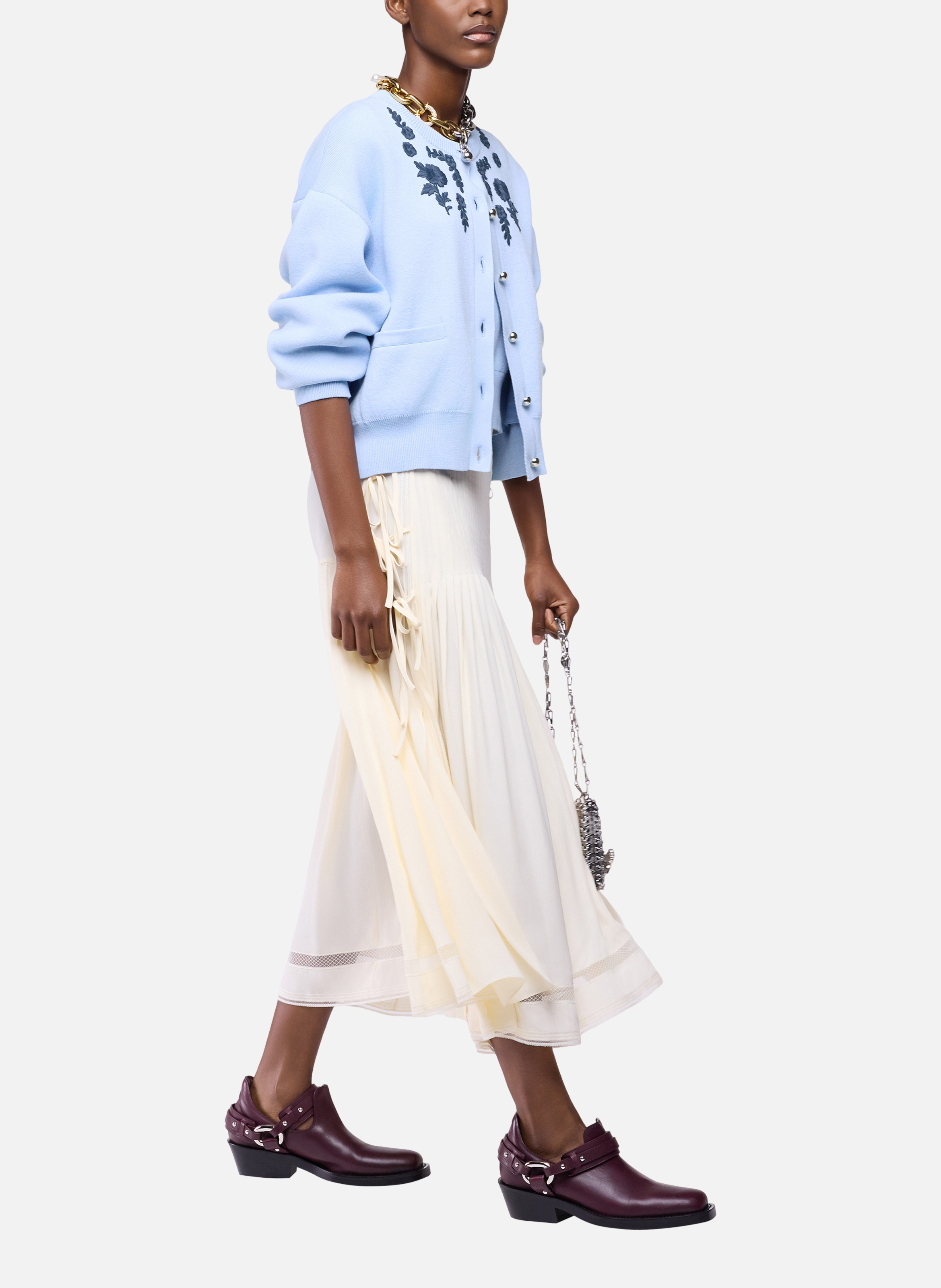 Cardigan à manches longues en laine tricotée avec broderie florale RABANNE Bleu