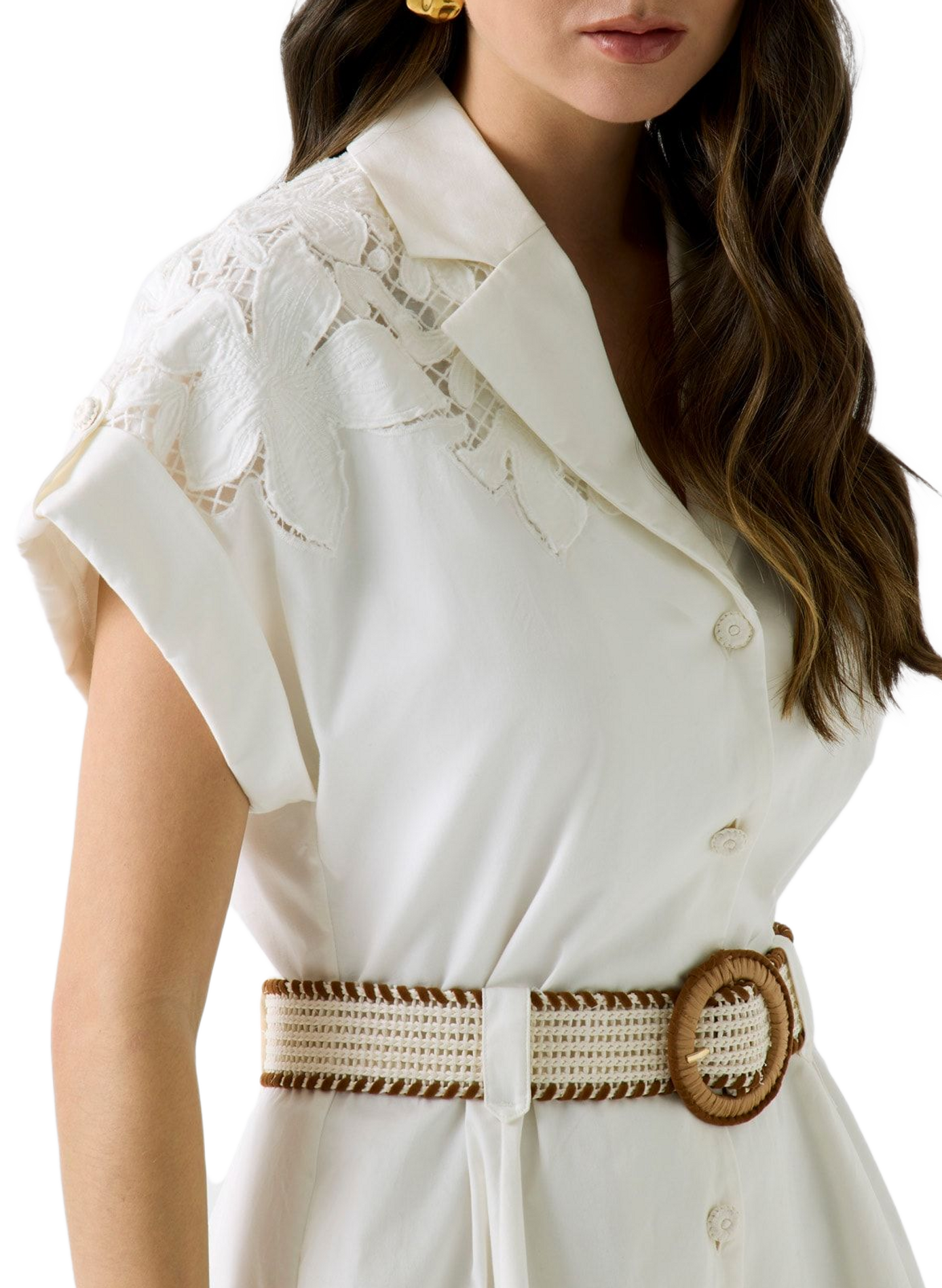 Shirt dress with floral lace and cotton belt GUESS Beige