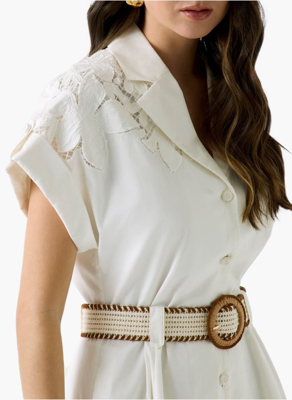 Floral lace shirt dress with cotton belt Beige Guess - Women | Printemps Floral lace shirt dress with cotton belt Beige Guess - Women | Printemps