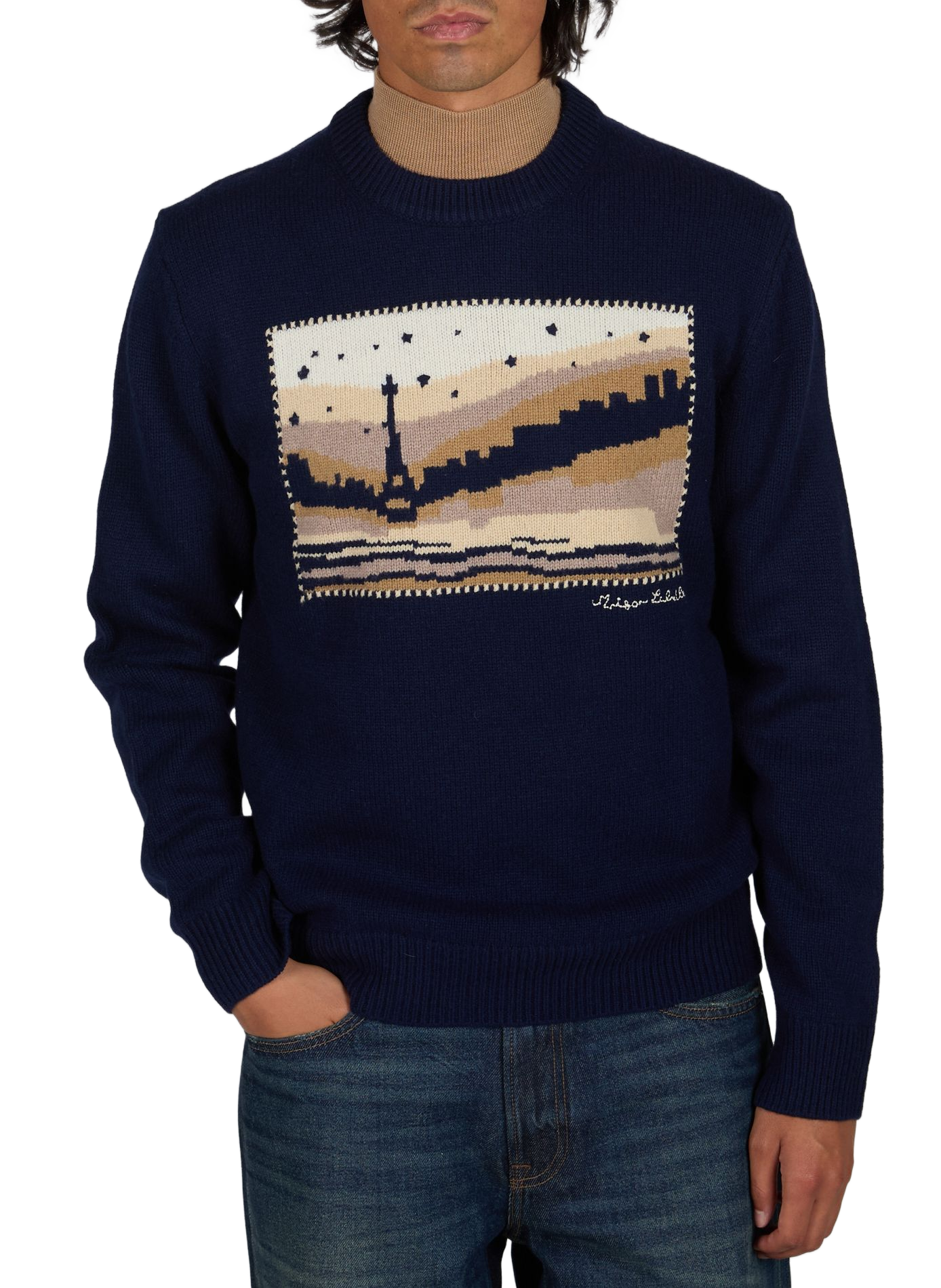 Straight round neck wool printed sweater MAISON LABICHE Blue