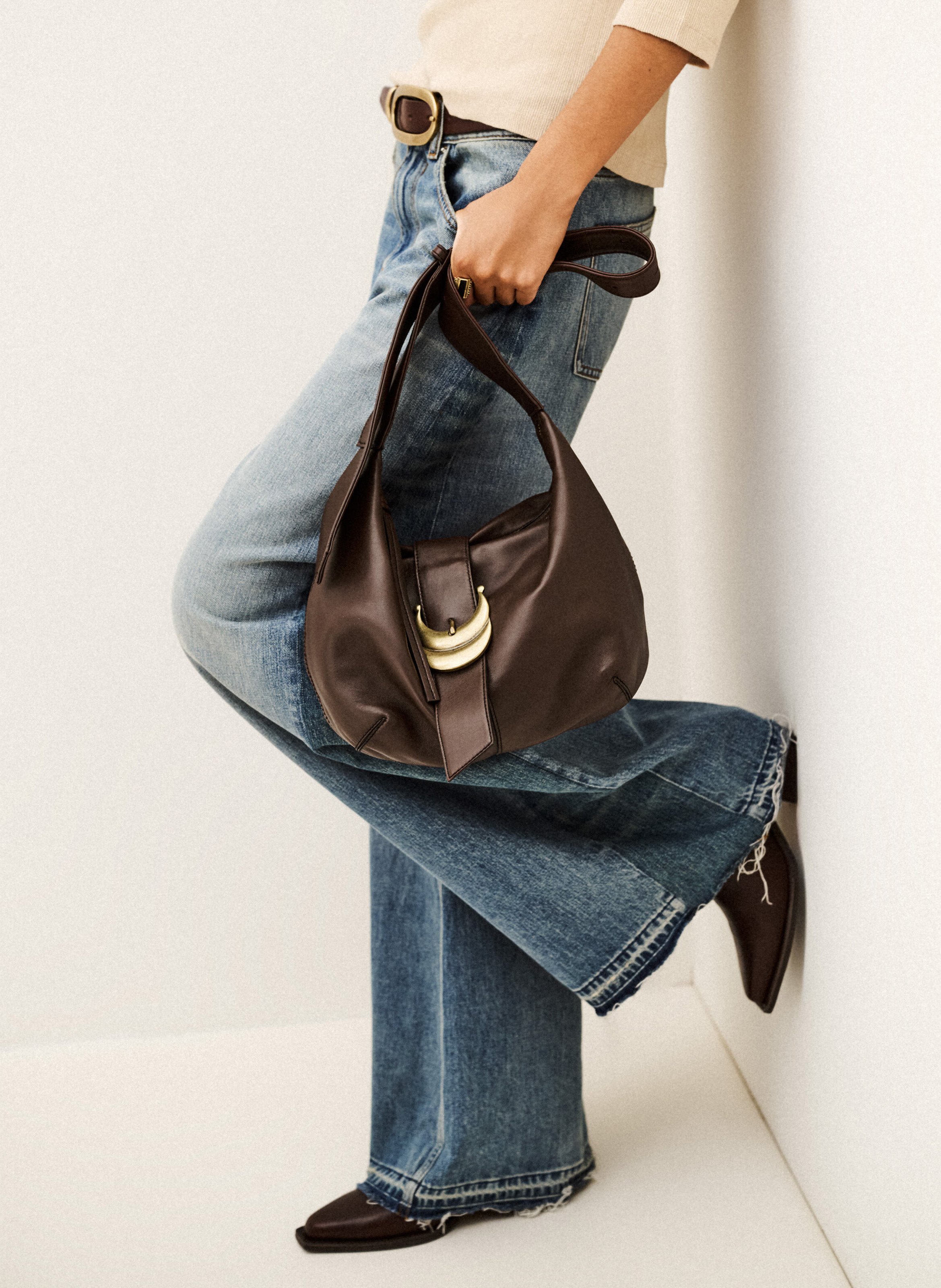 Effen leren hobo-schoudertas met rits Youyou BA&SH Bruin