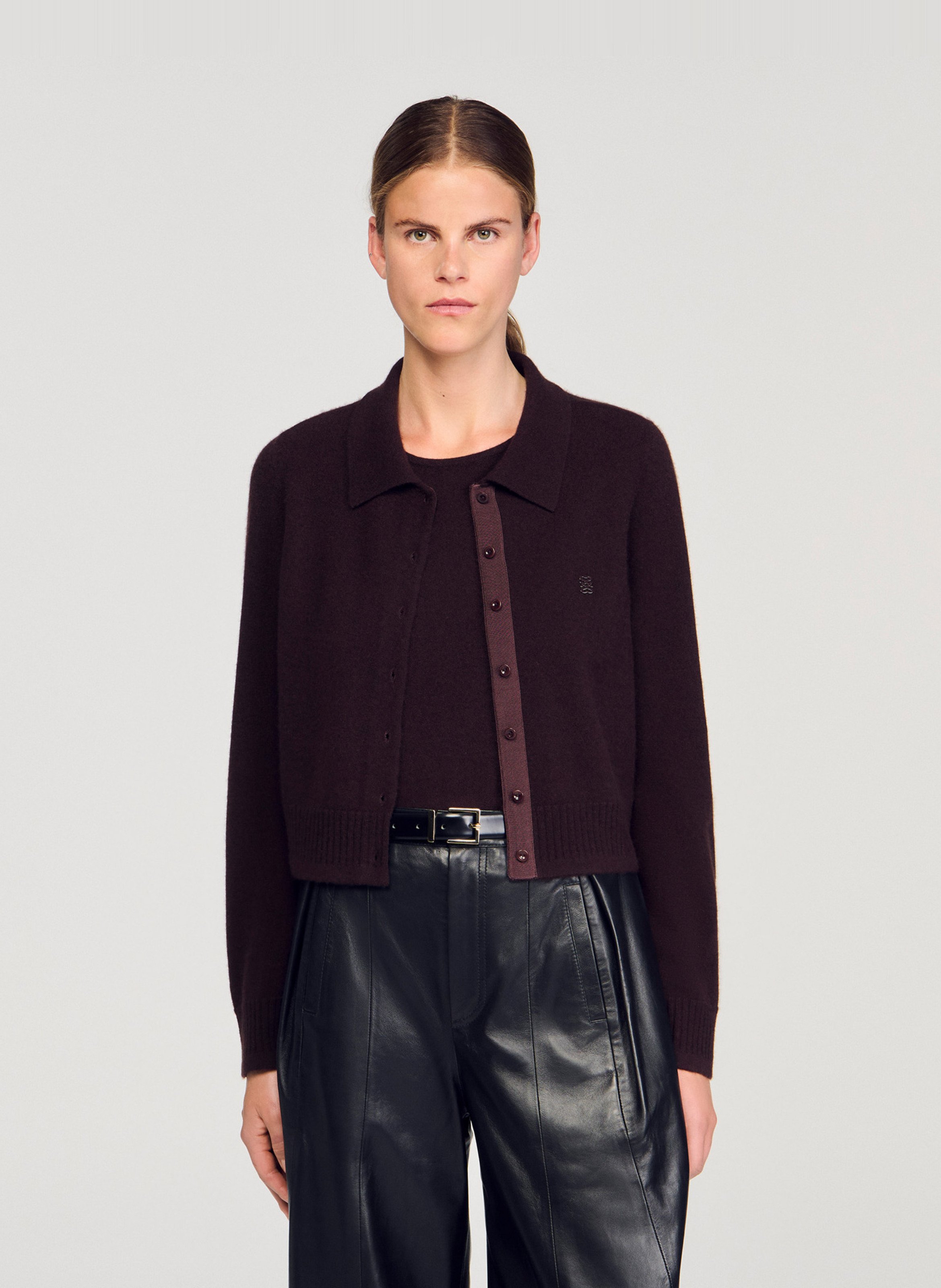 Cardigan droit col classique en laine et cachemire SANDRO Marron