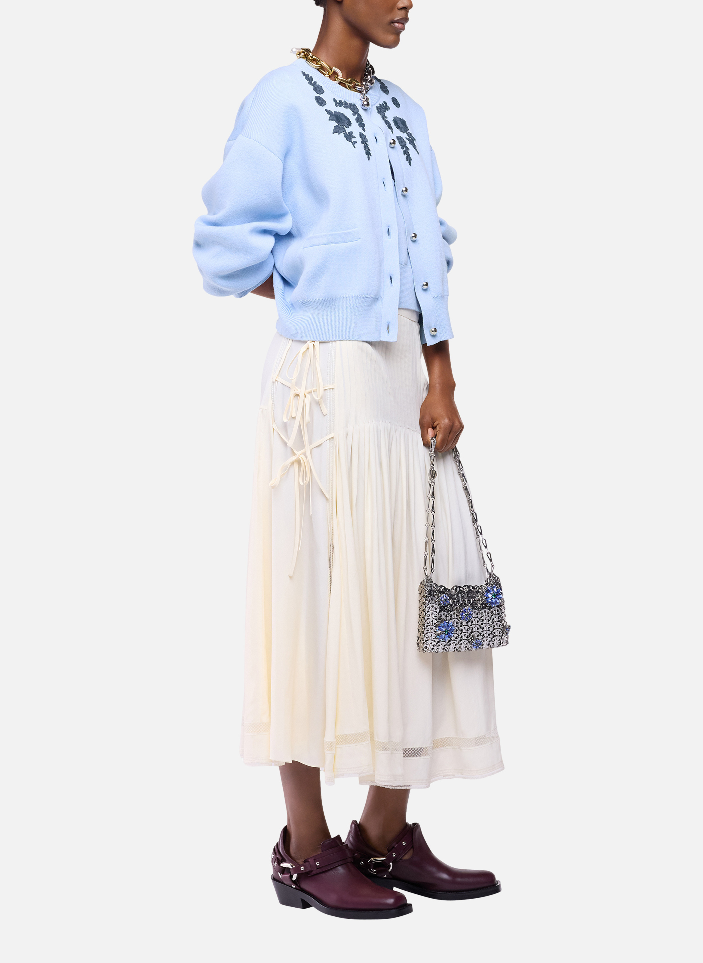 Cardigan à manches longues en laine tricotée avec broderie florale RABANNE Bleu