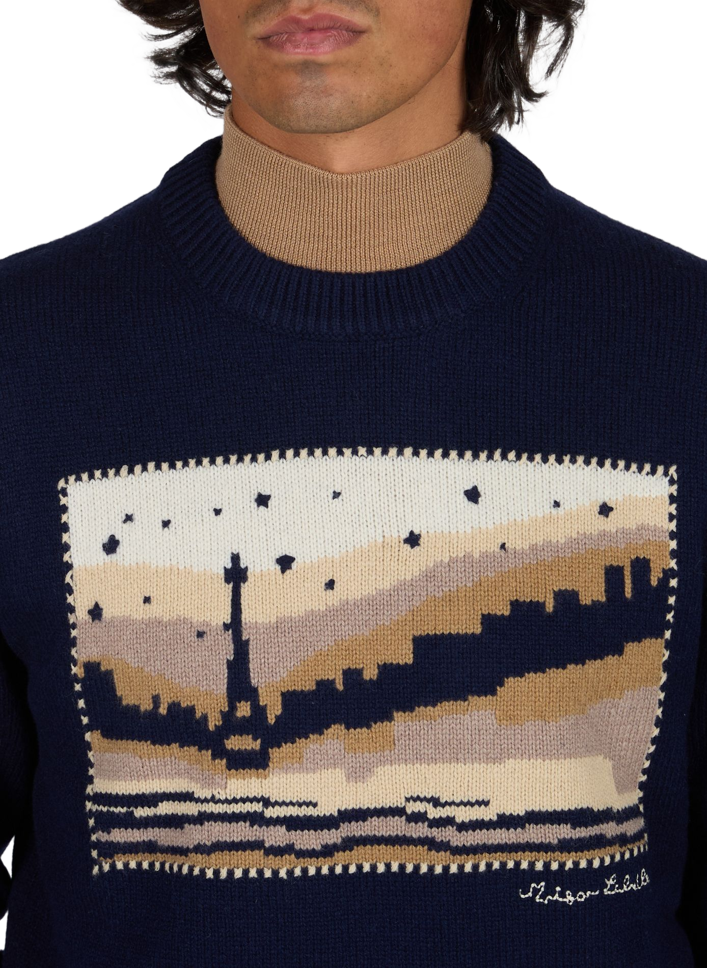 Straight round neck wool printed sweater MAISON LABICHE Blue