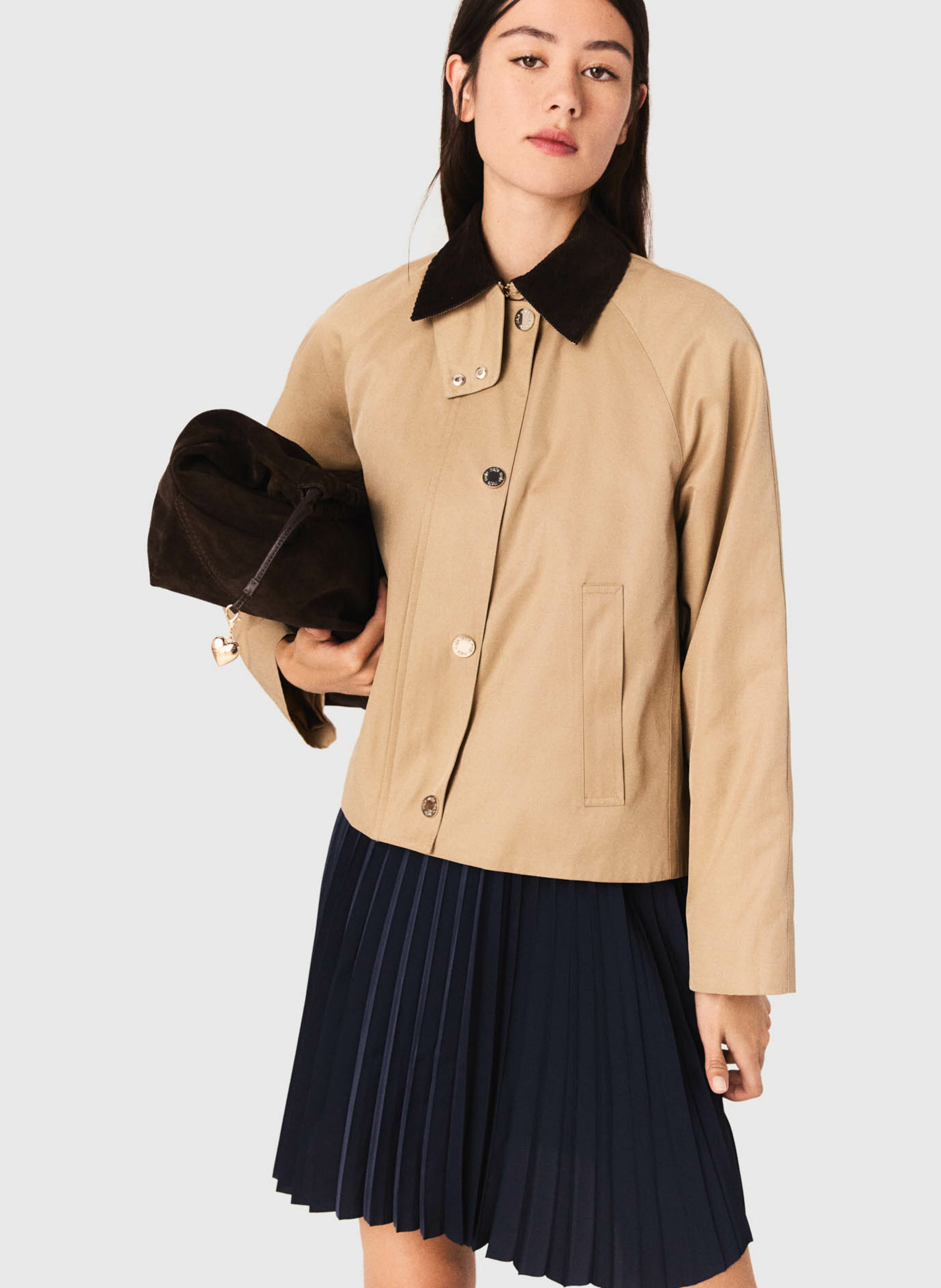 Veste trapèze unie à col velours côtelé MAJE Beige