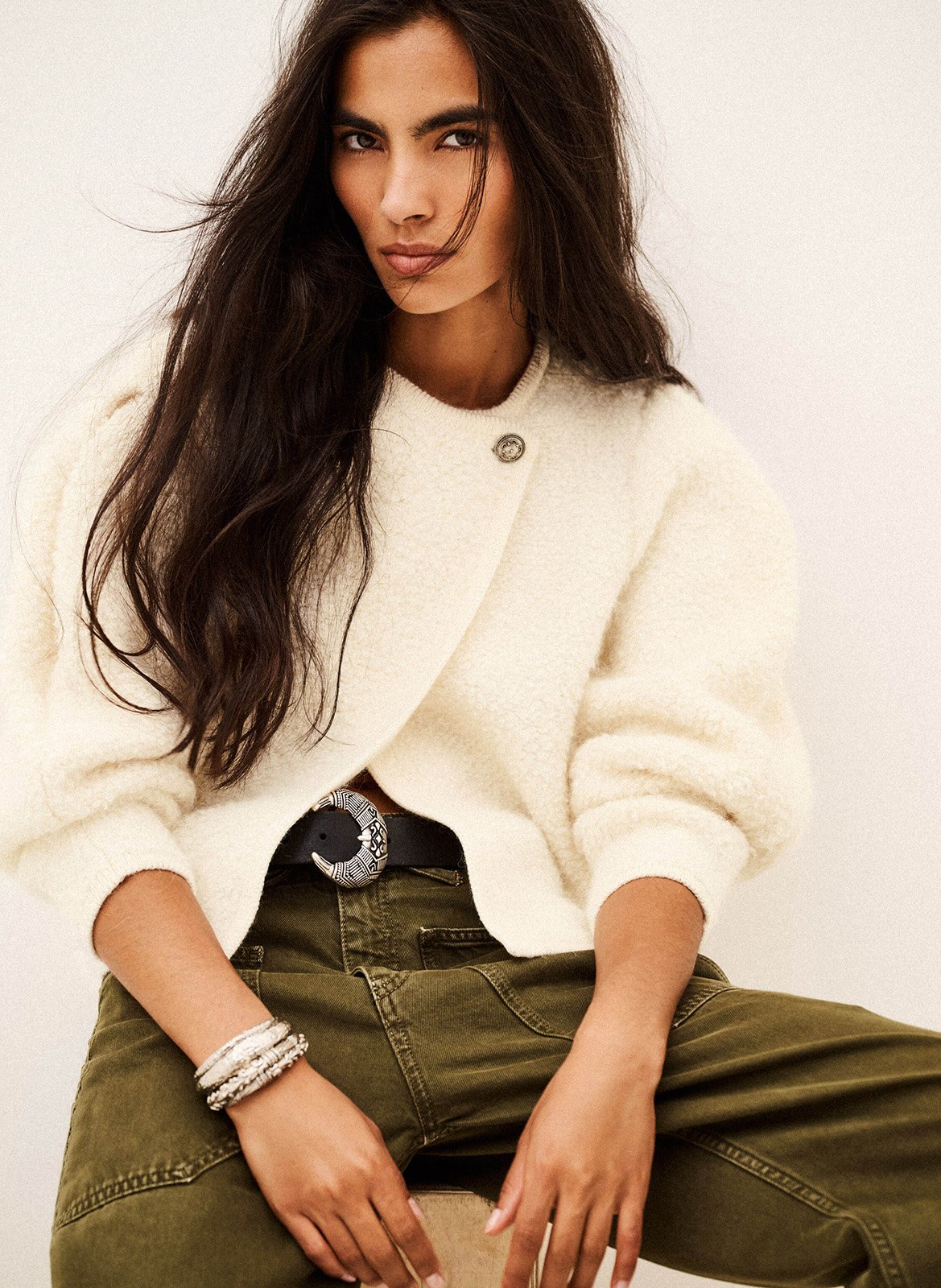 Rechte cardigan met ronde hals in gemengde wol fida BA&SH Beige
