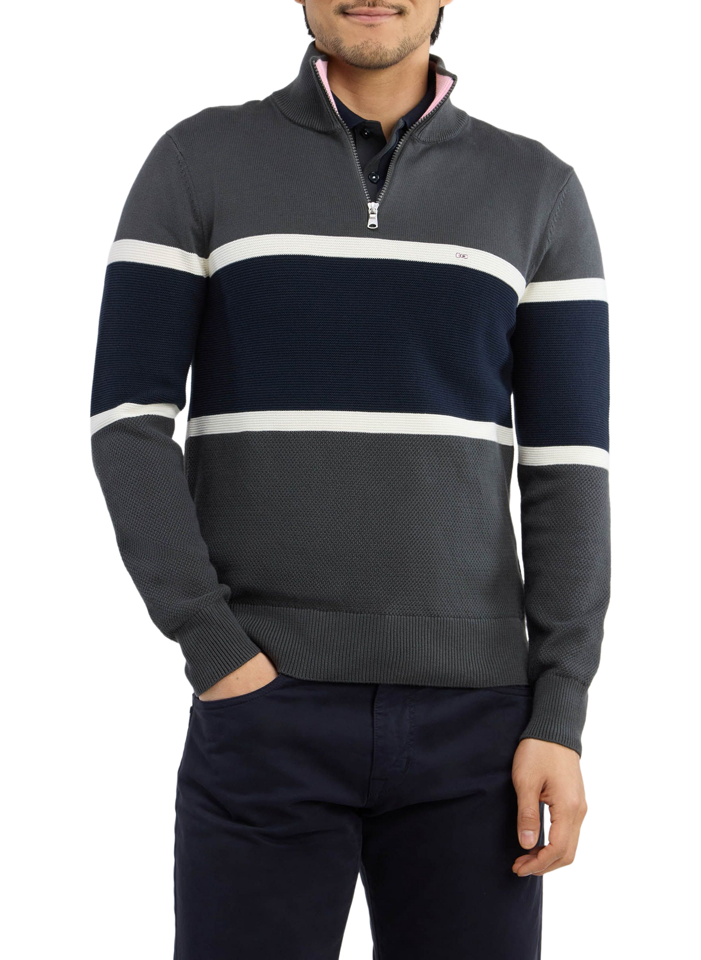 Pull col camionneur rayé en coton EDEN PARK Khaki
