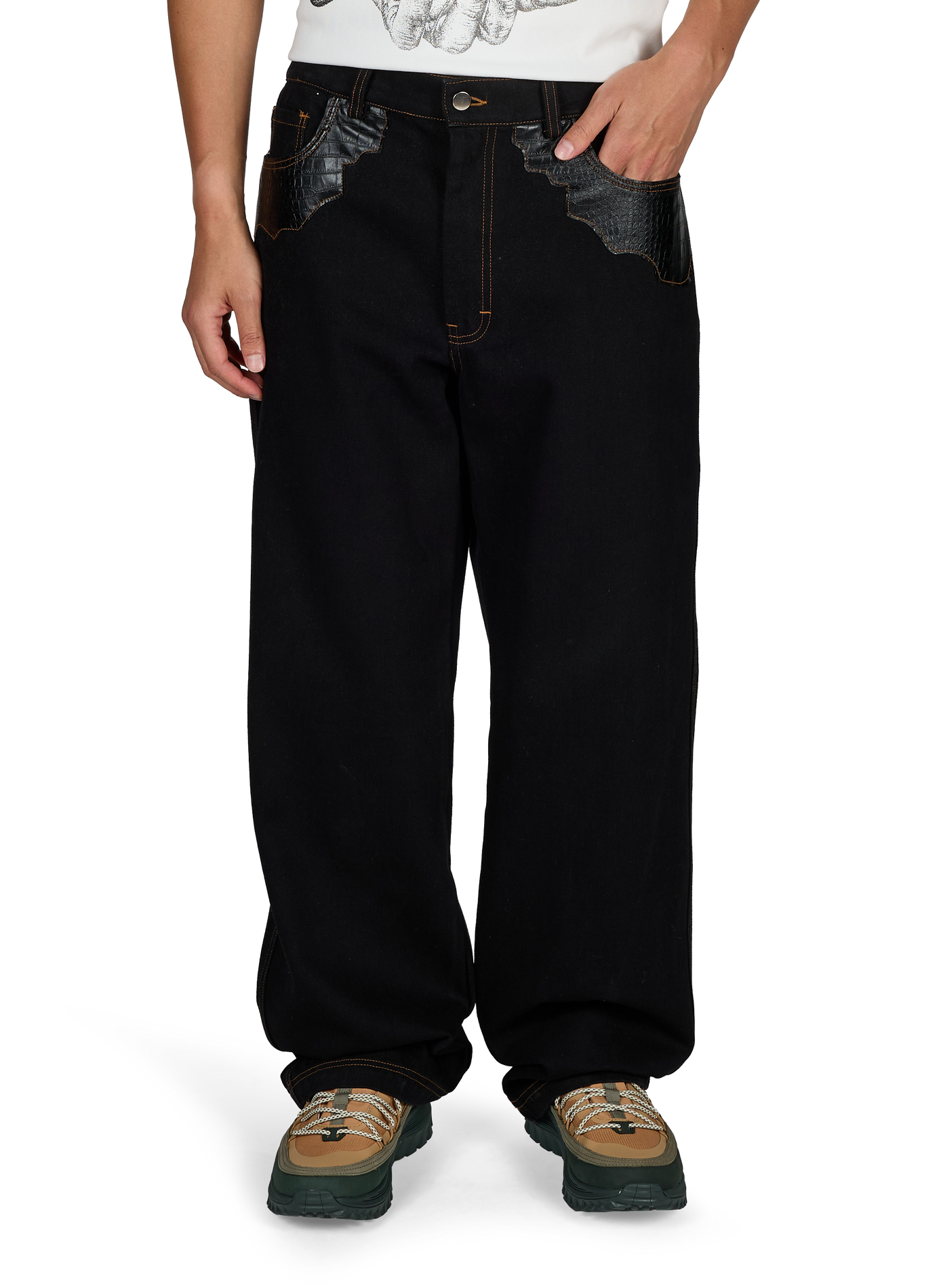 Jeans mit geradem Bein und Lederbesatz aus Baumwolle PAS UNE MARQUE Schwarz