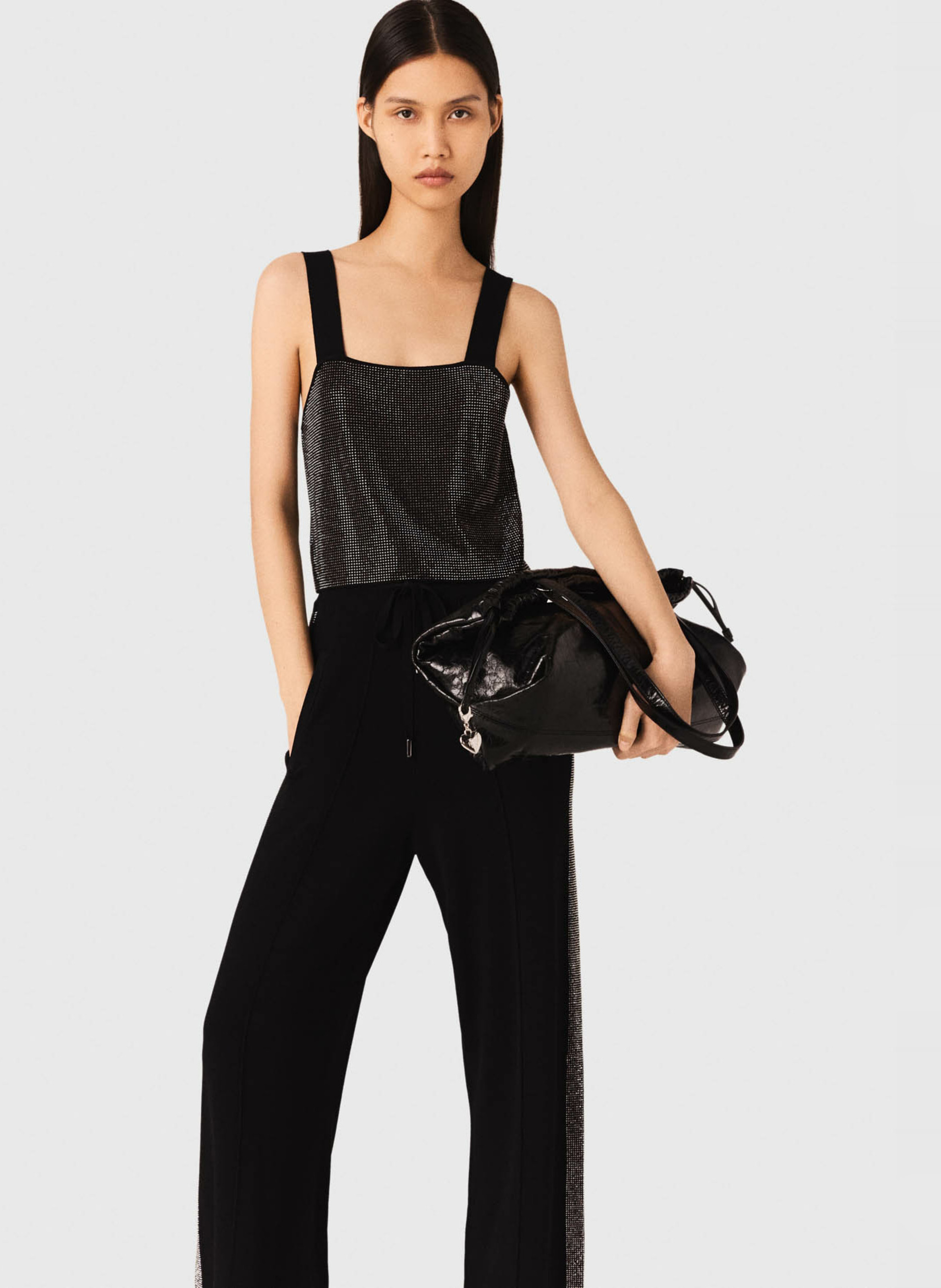 Top court col carré à strass Noir