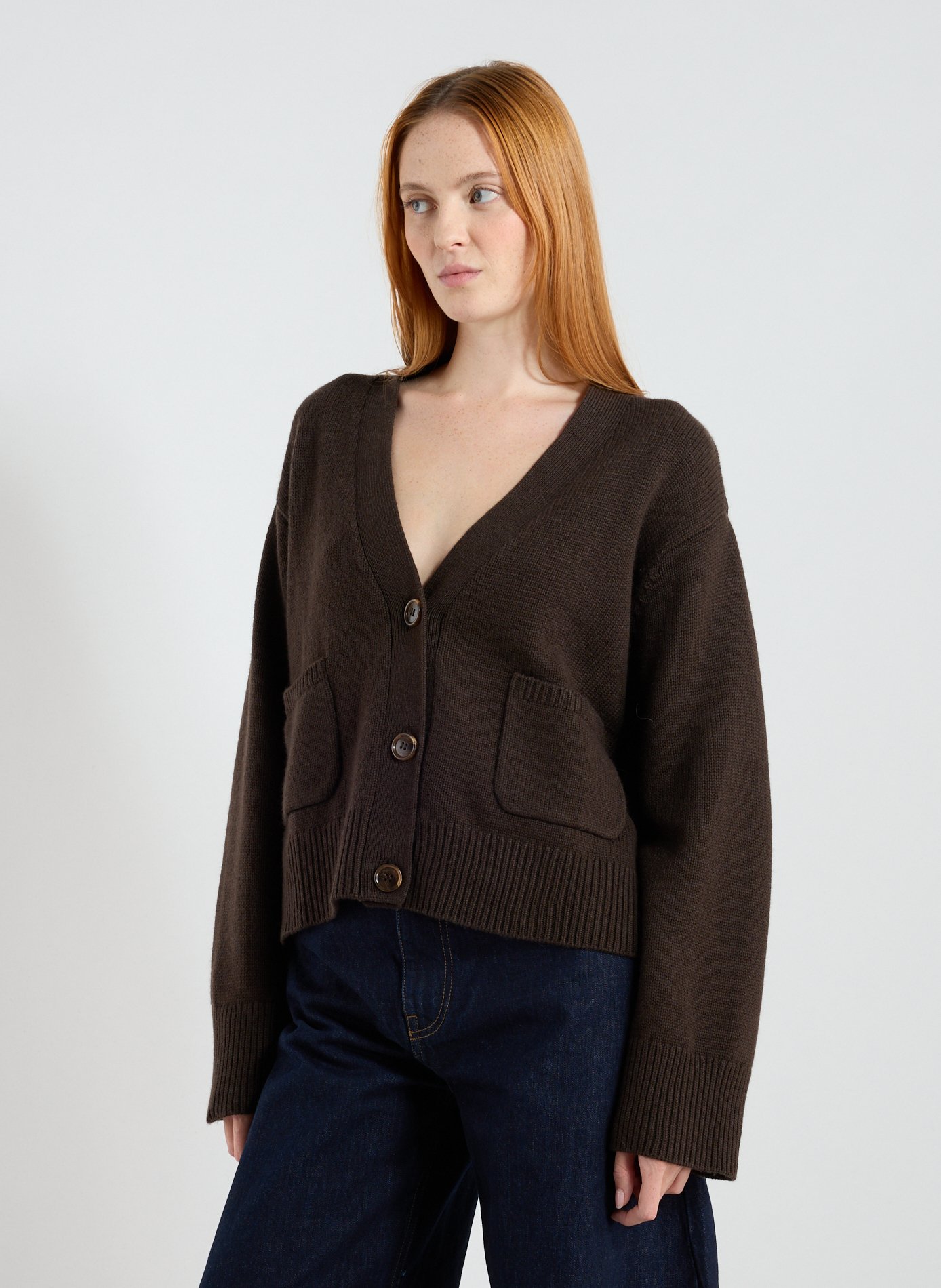 ALMADA Cardigan Beja col V en laine et cachemire Marron