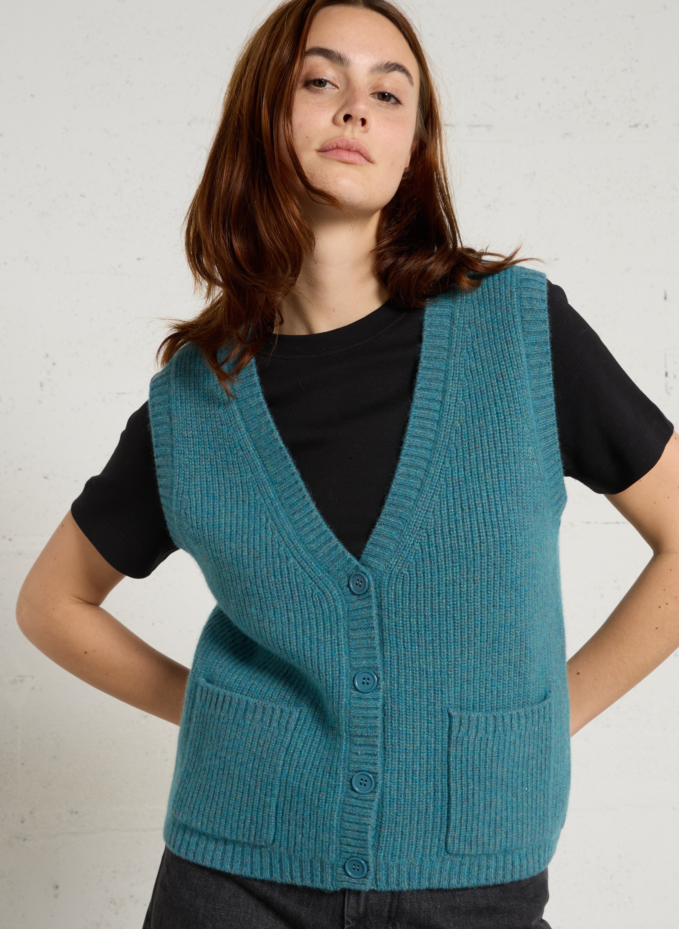 Gilet col rond en laine et en cachemire mélangés paco MAISON 123 Bleu