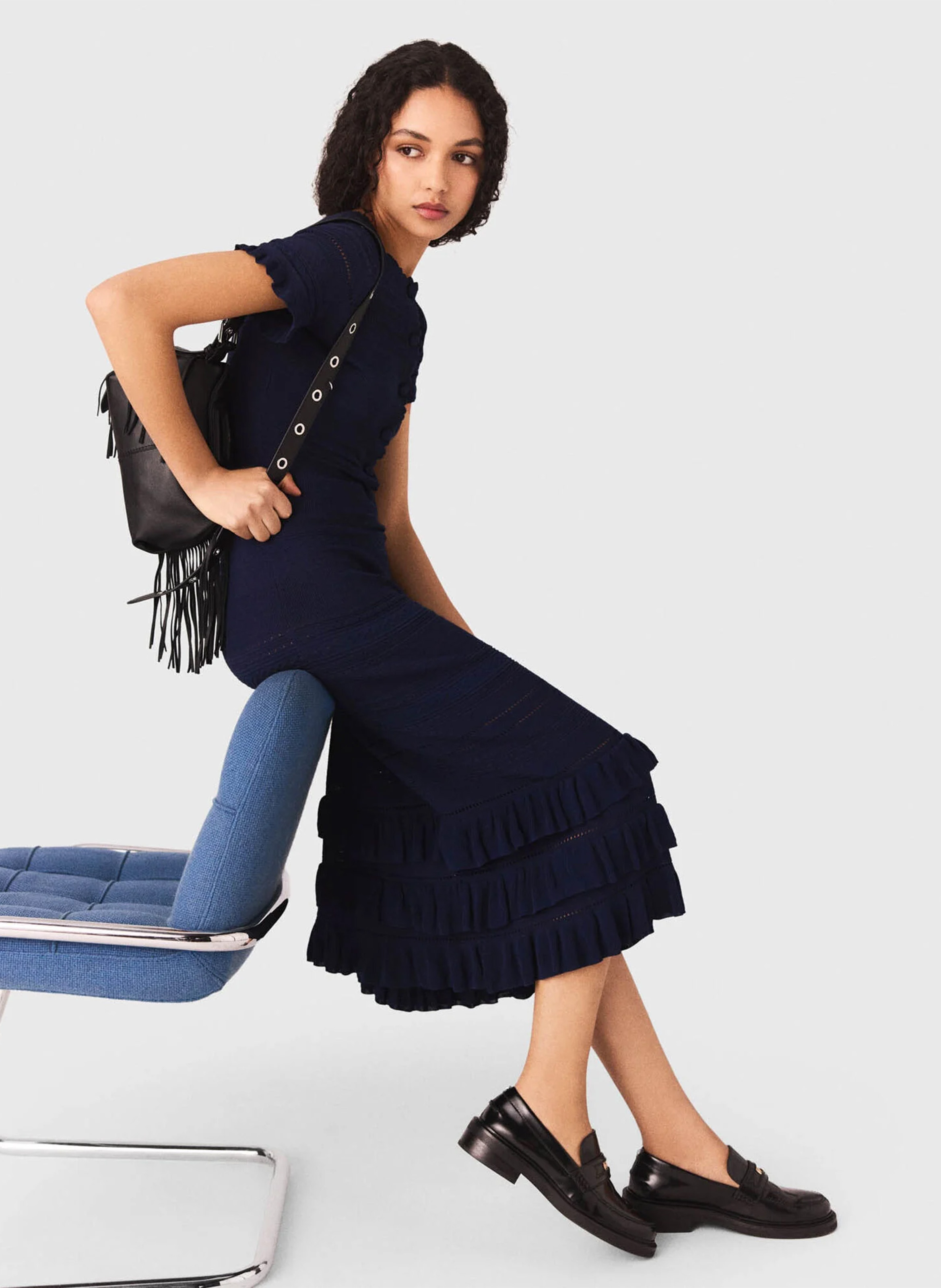 Sac bandoulière à franges en cuir miss m mini MAJE Noir