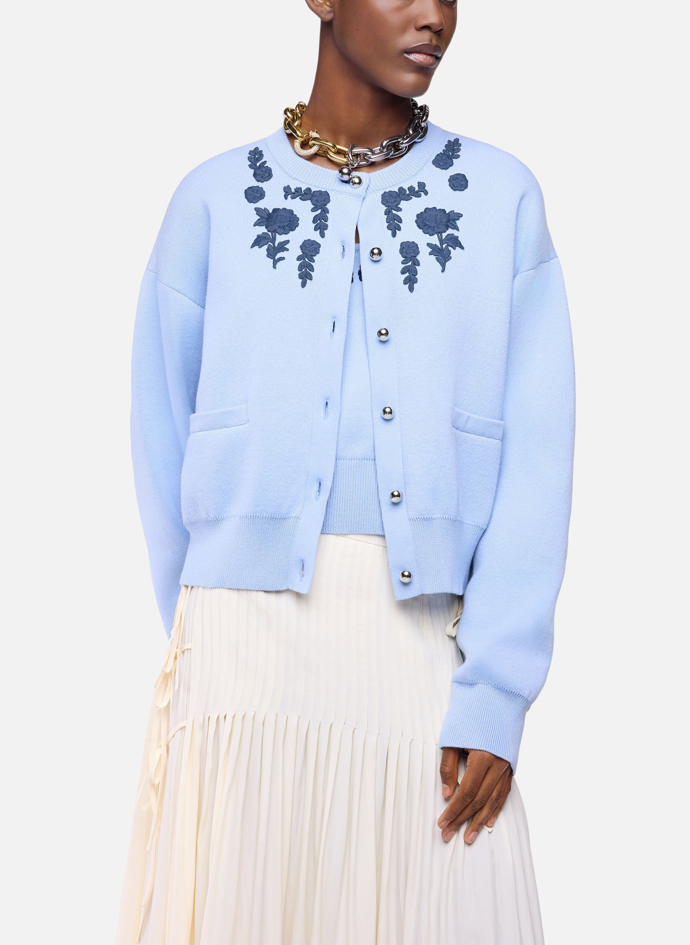 Cardigan à manches longues en laine tricotée avec broderie florale RABANNE Bleu