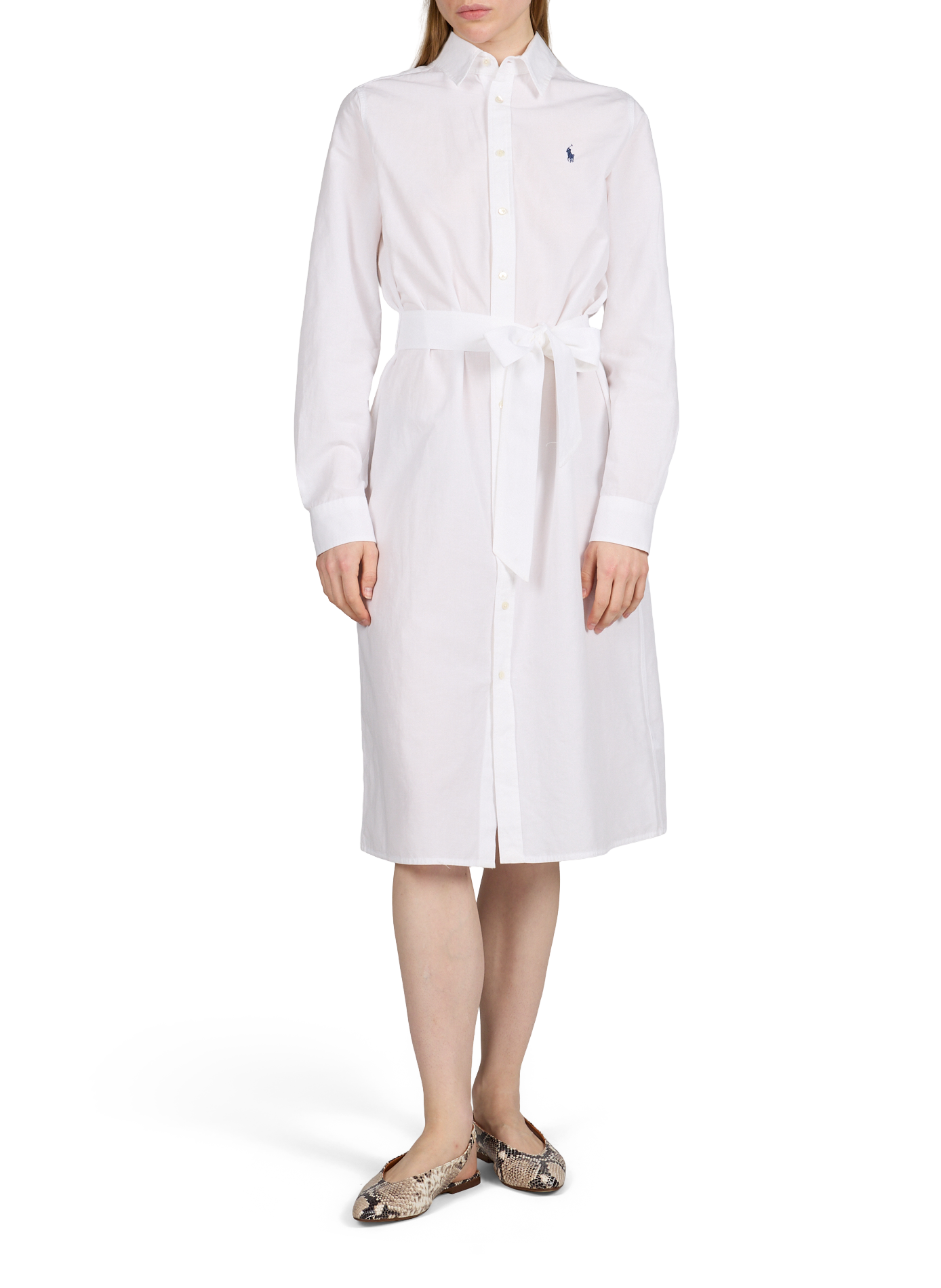 Robe chemise midi ceinturée en coton et lin POLO RALPH LAUREN Blanc