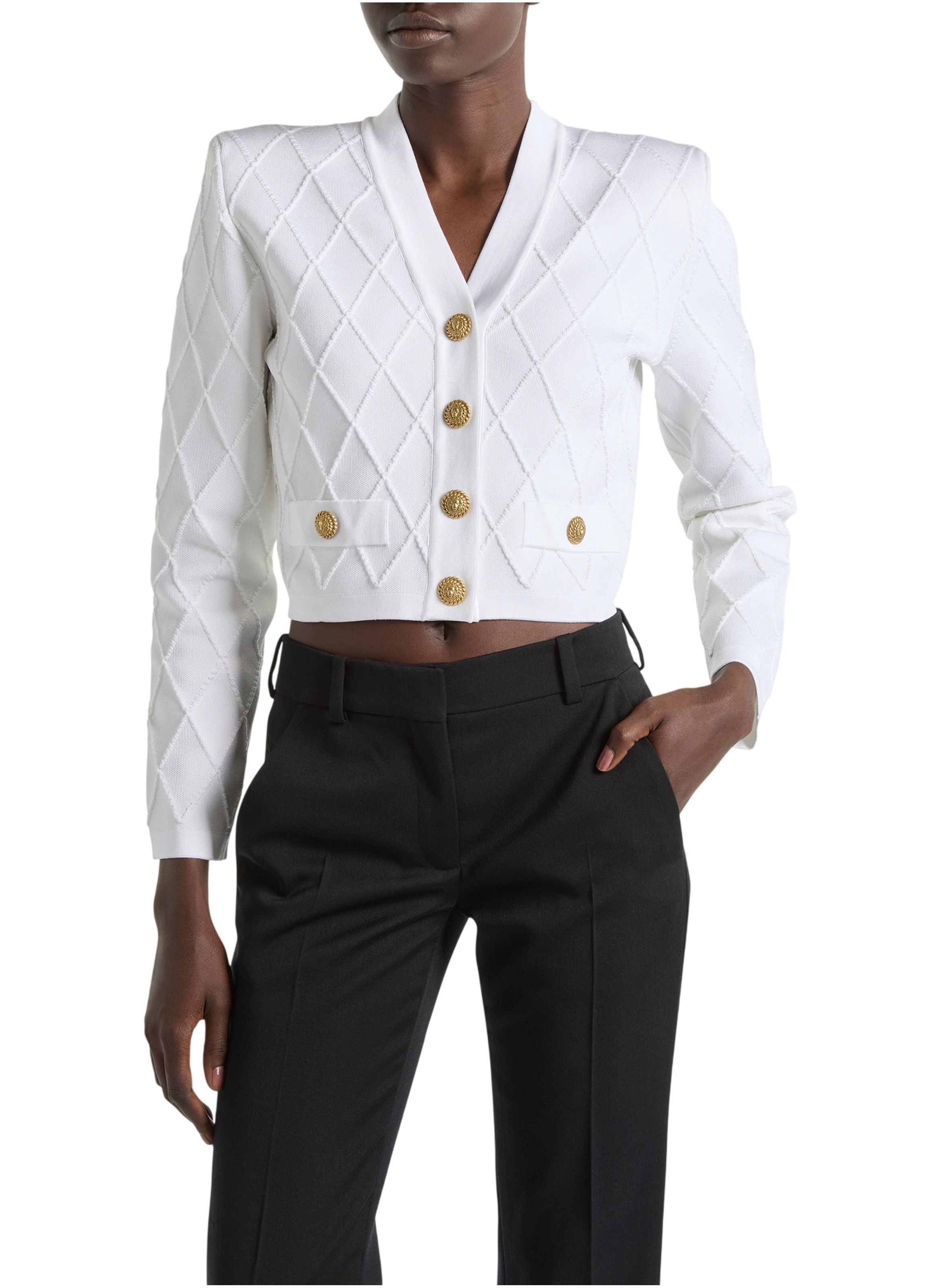 Cardigan court en maille BALMAIN Blanc