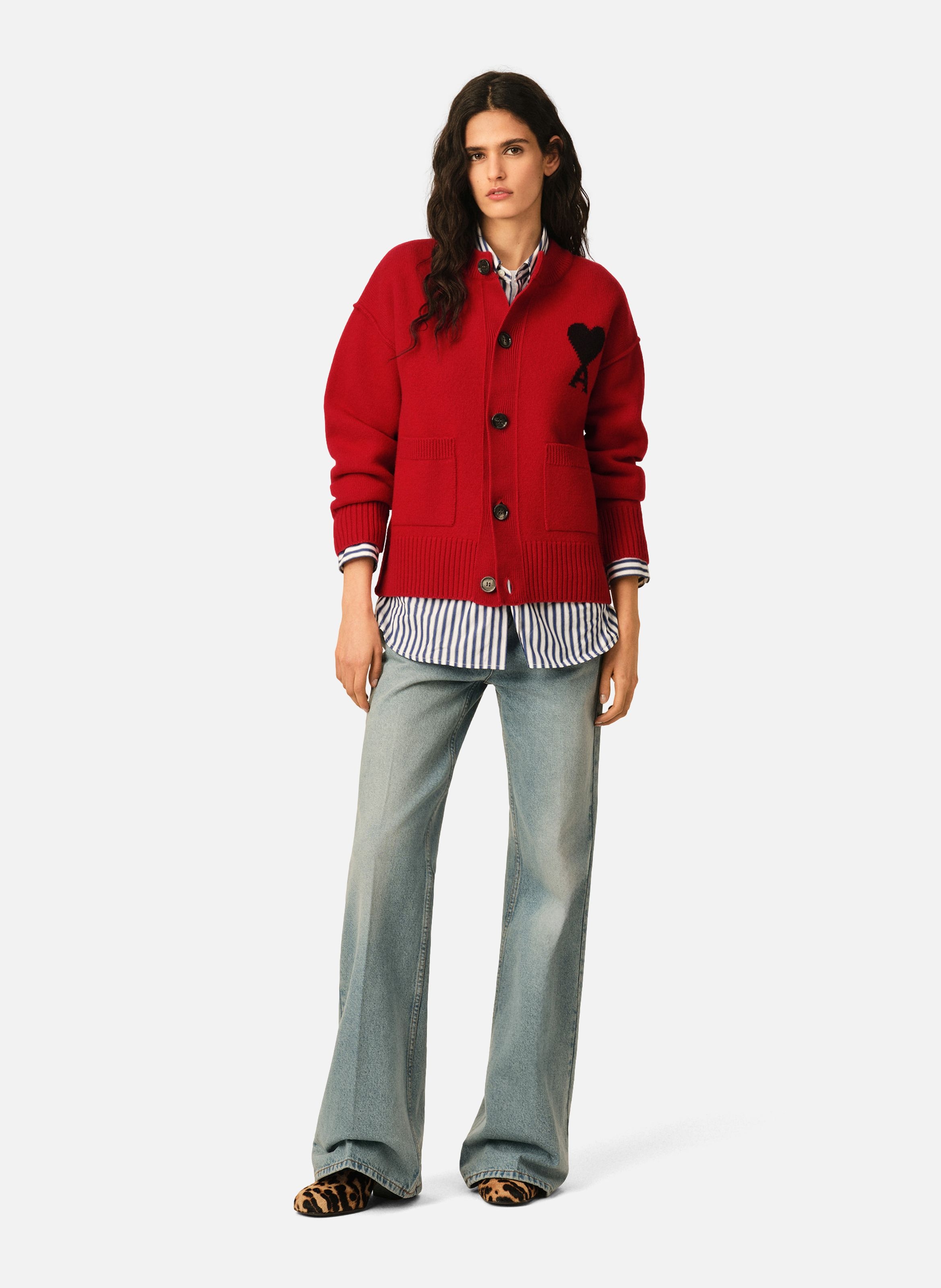 Cardigan col rond unisexe en laine ami de coeur AMI PARIS Rouge