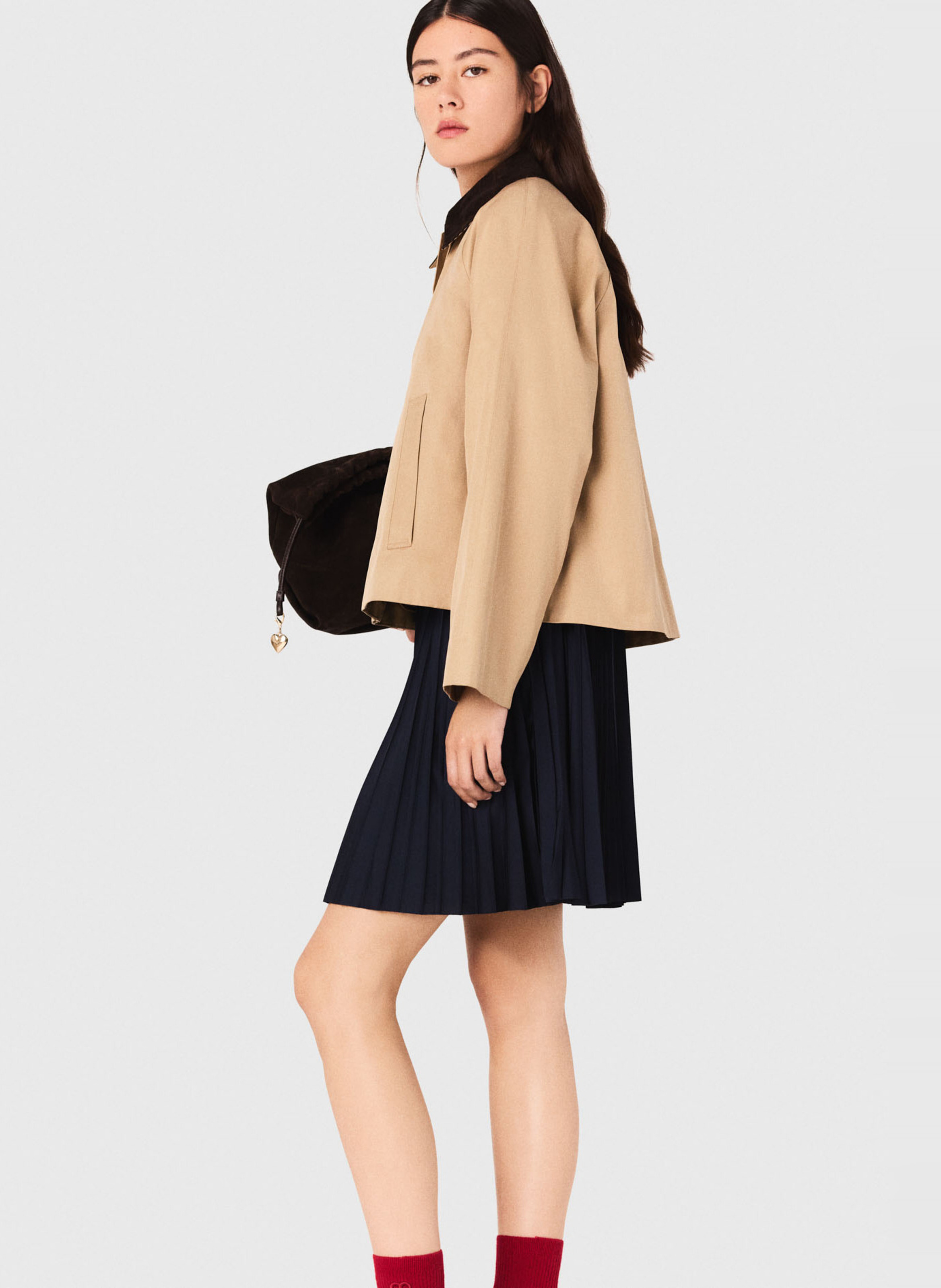 Veste trapèze unie à col velours côtelé MAJE Beige