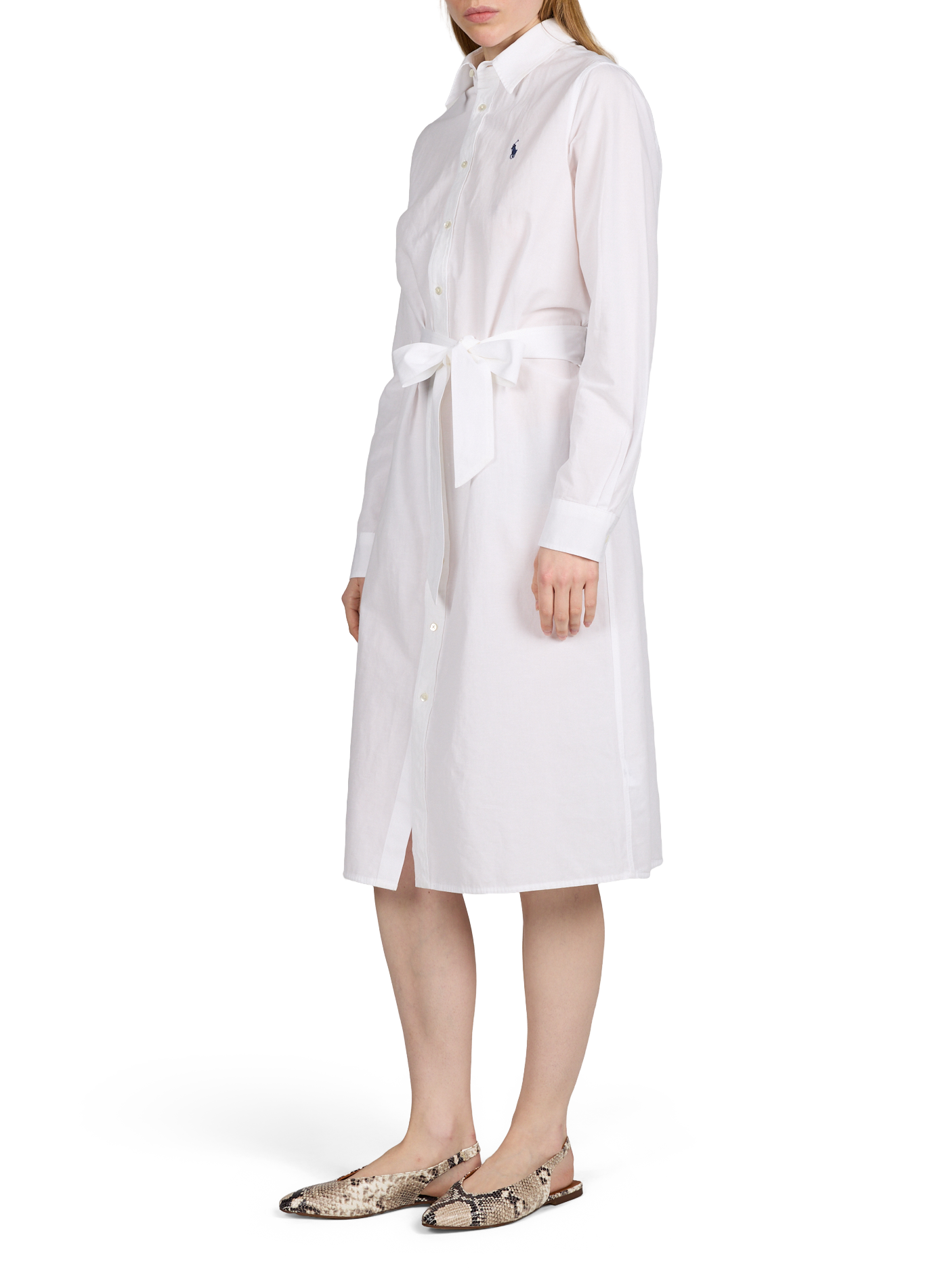 Robe chemise midi ceinturée en coton et lin POLO RALPH LAUREN Blanc
