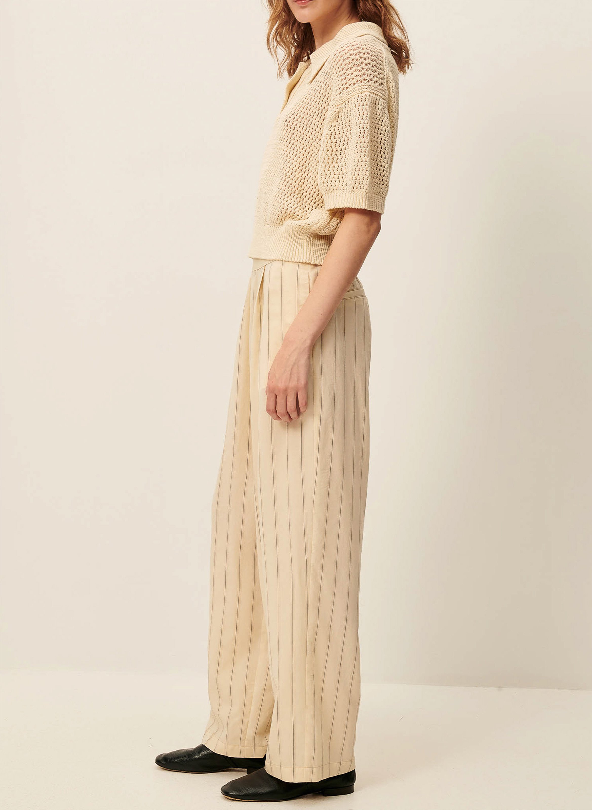 Pantalon à pinces rayé ginza SESSUN Beige