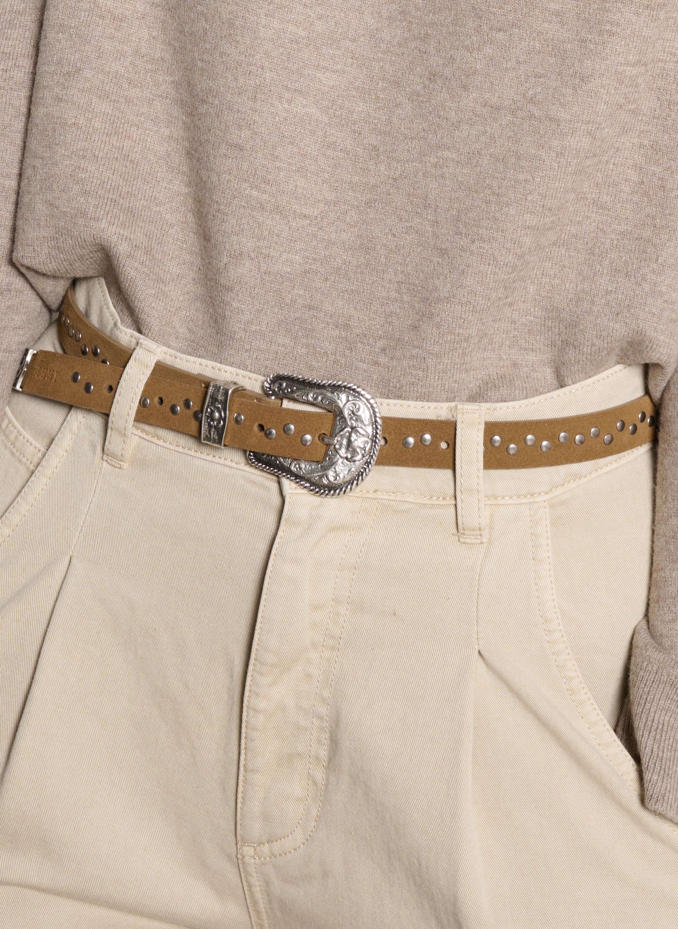 Ceinture cloutée en cuir velours IKKS Marron