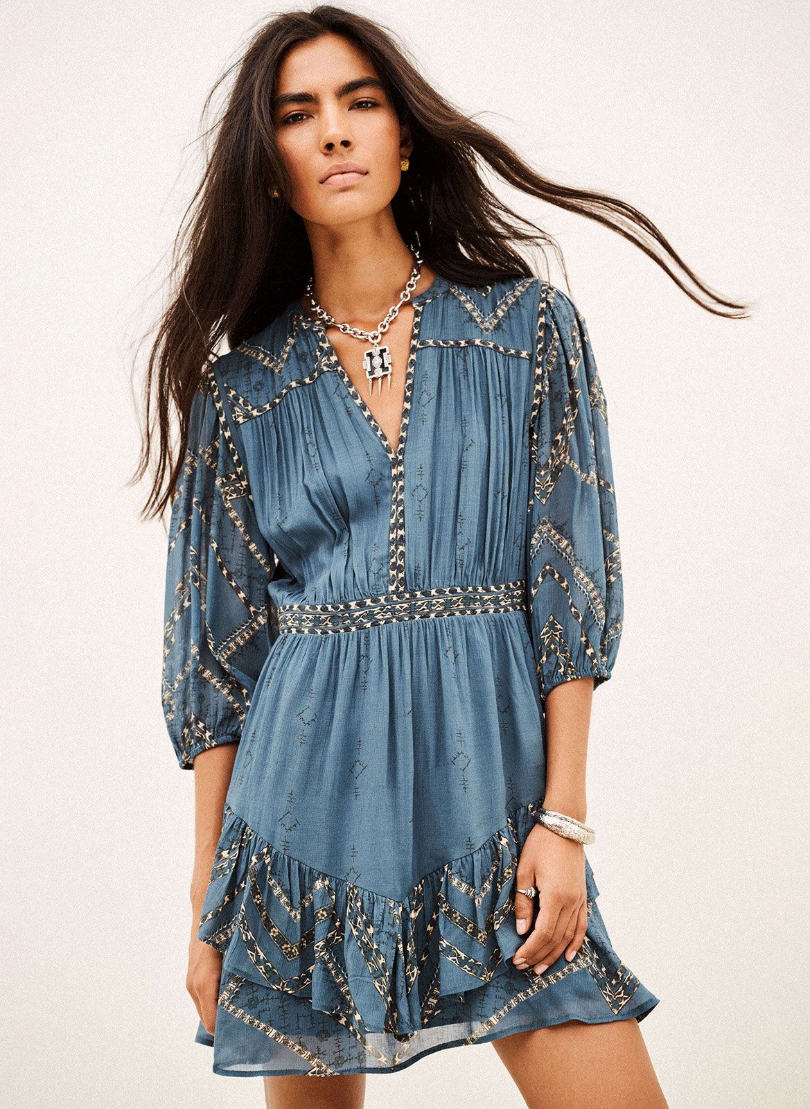 Robe courte droite imprimée poly BA&SH Bleu