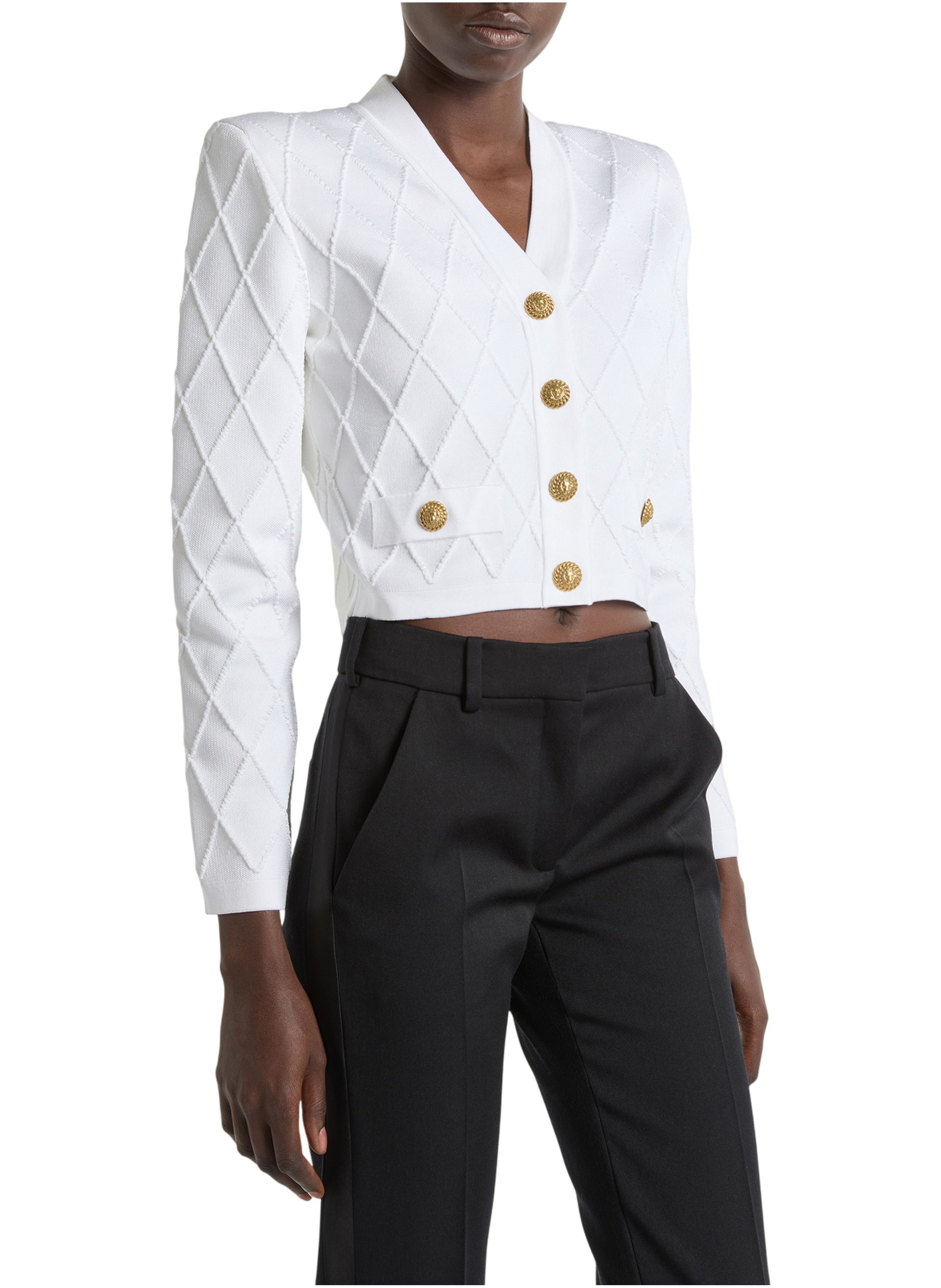 Cardigan court en maille BALMAIN Blanc