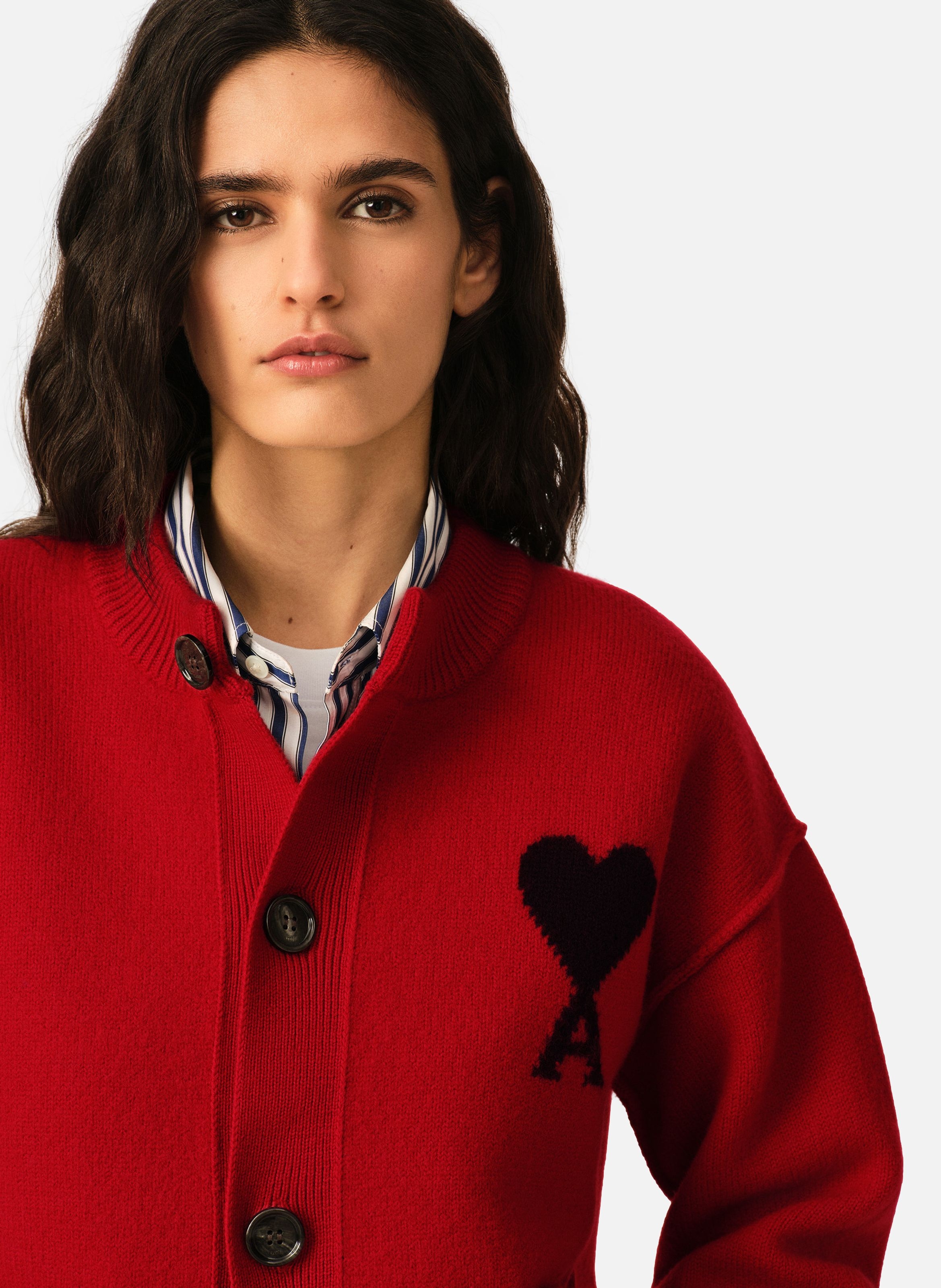 Cardigan col rond unisexe en laine ami de coeur AMI PARIS Rouge