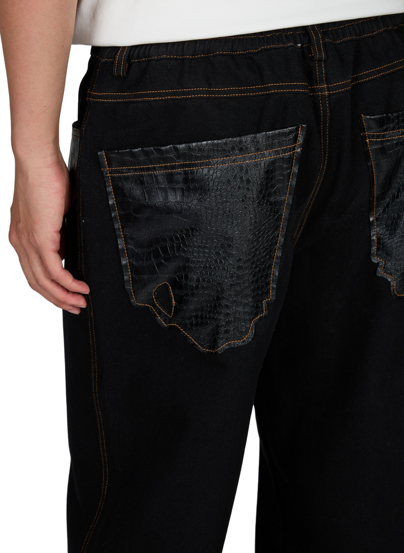 Jeans mit geradem Bein und Lederbesatz aus Baumwolle PAS UNE MARQUE Schwarz