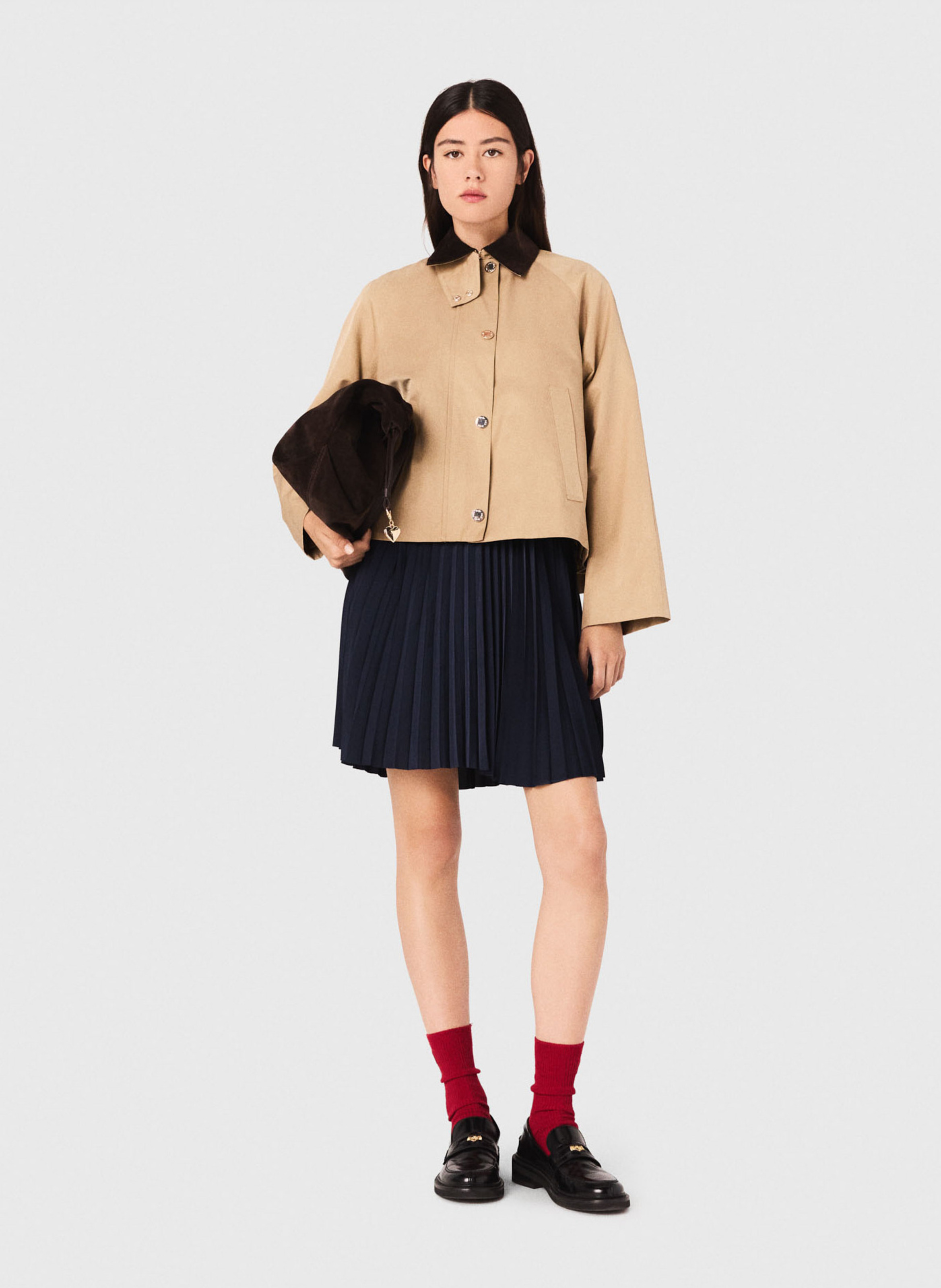 Veste trapèze unie à col velours côtelé MAJE Beige