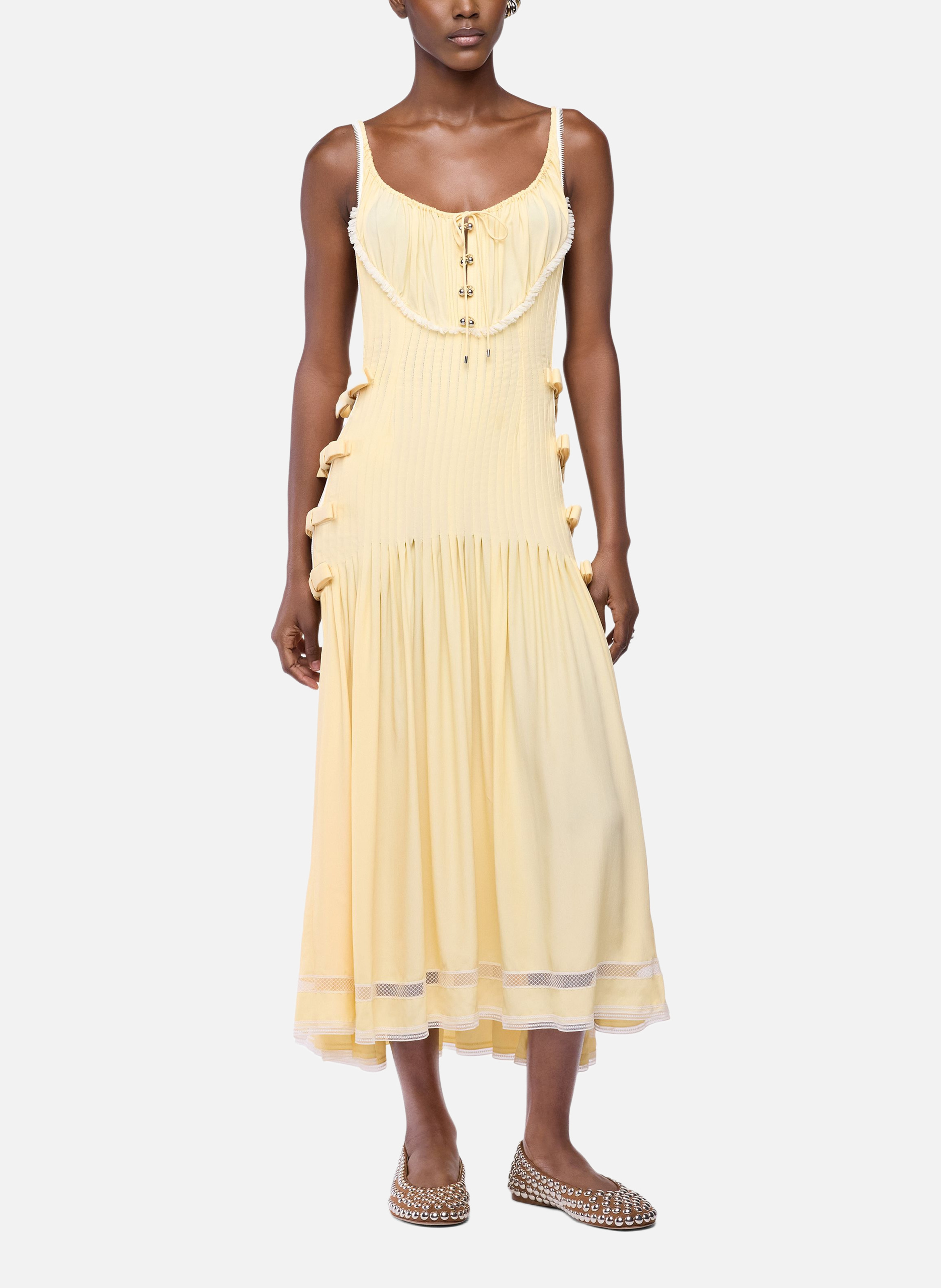 Robe midi en crêpe de viscose avec détails en dentelle et nœuds RABANNE Jaune