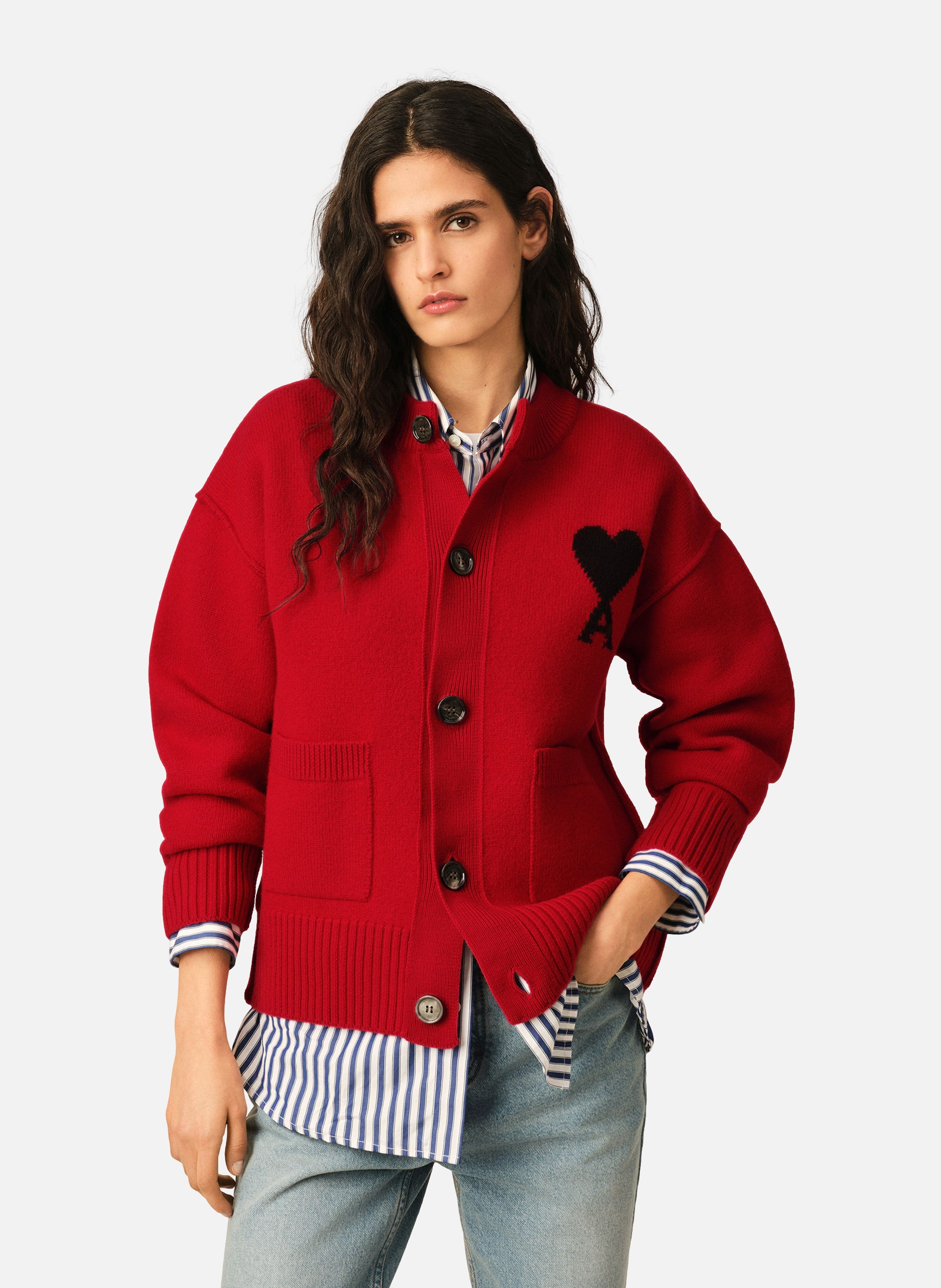 Cardigan col rond unisexe en laine ami de coeur AMI PARIS Rouge