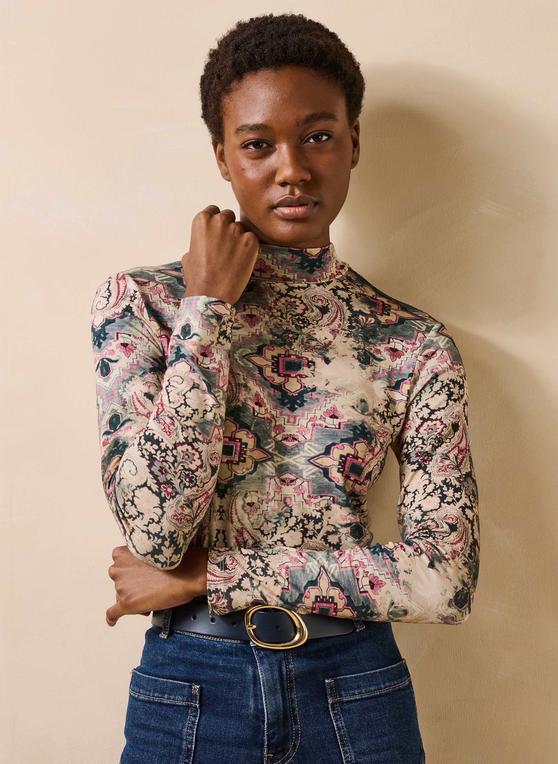 T-shirt met lange mouwen, print en opstaande kraag LA FEE MARABOUTEE Wit