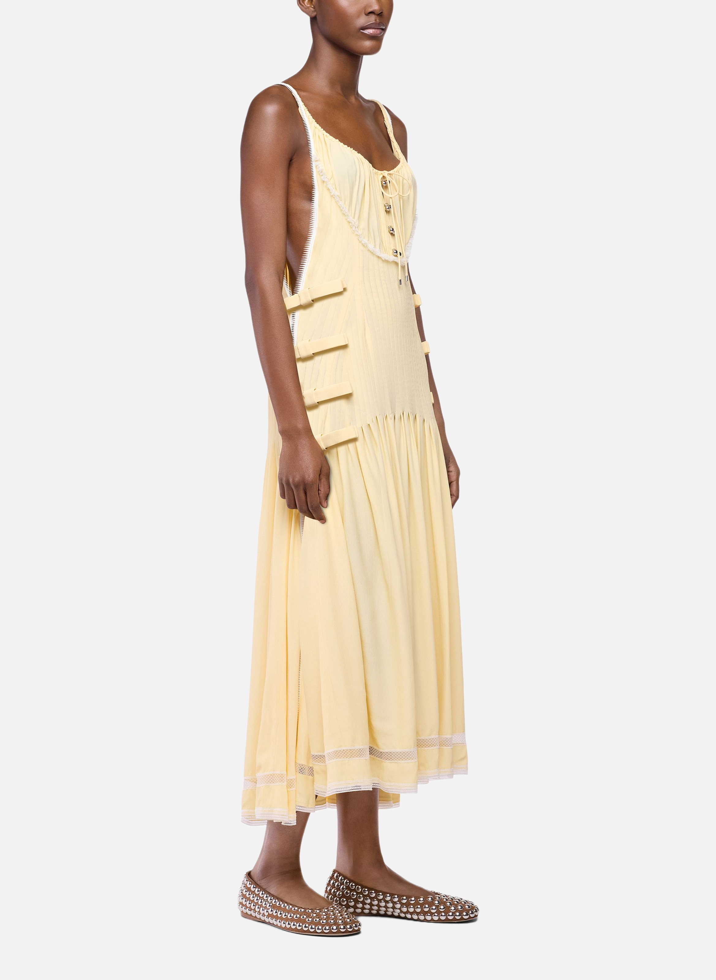 Robe midi en crêpe de viscose avec détails en dentelle et nœuds RABANNE Jaune